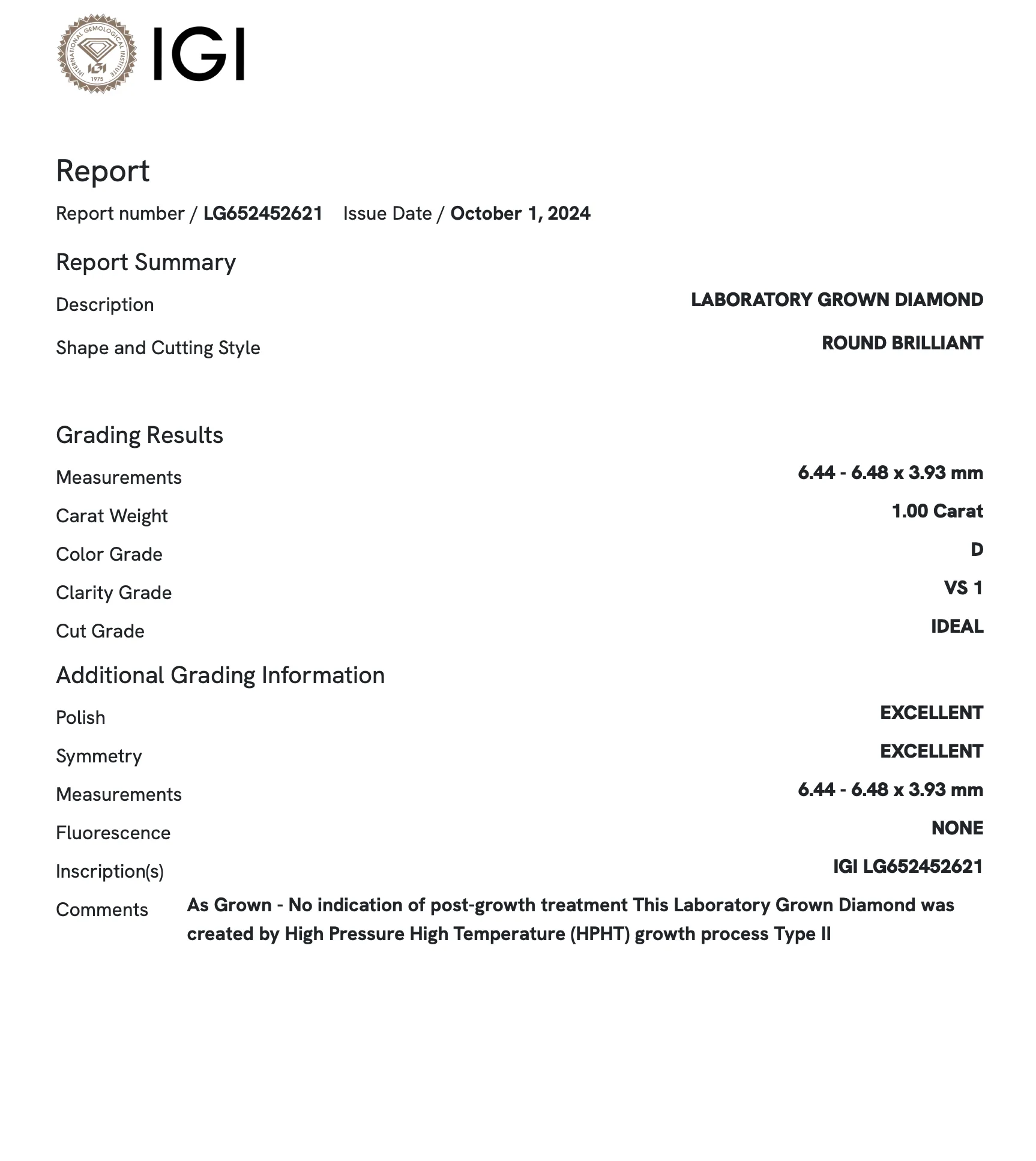 1.0 Carat Round Lab Grown Diamond (IGI) - Image 3
