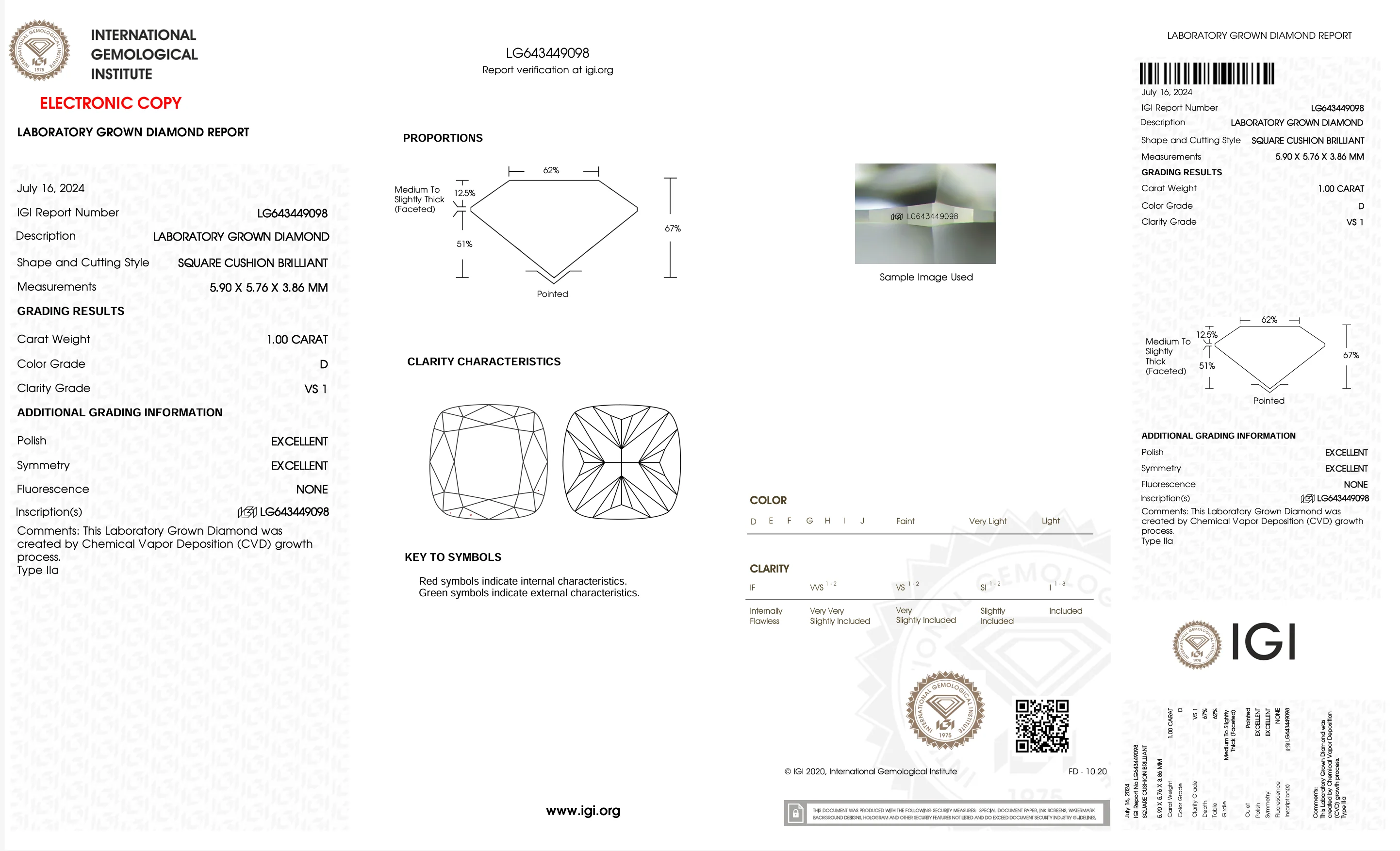 1.0 Carat Square Cushion Lab Grown Diamond (IGI) - Image 2
