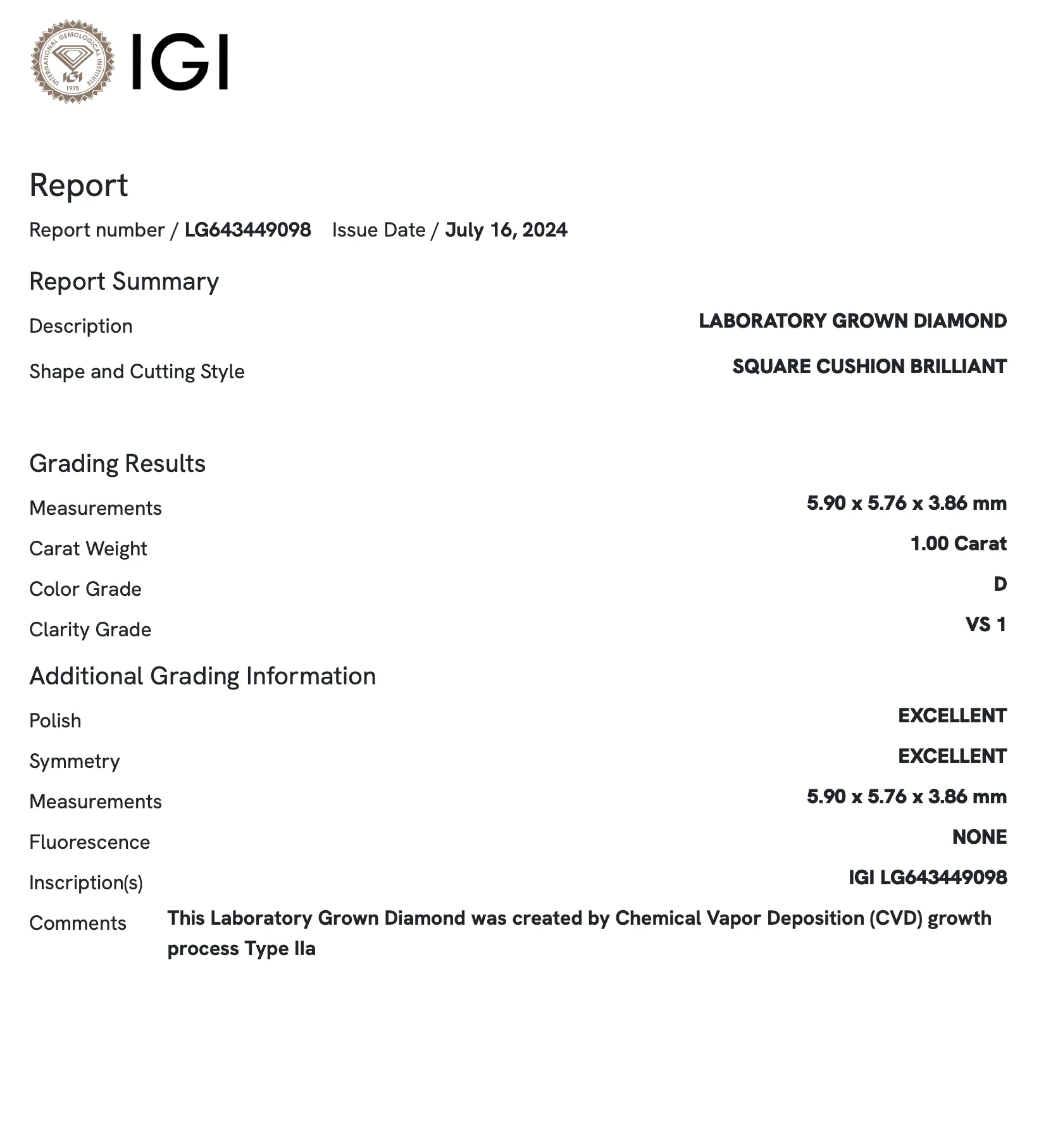 1.0 Carat Square Cushion Lab Grown Diamond (IGI) - Image 3
