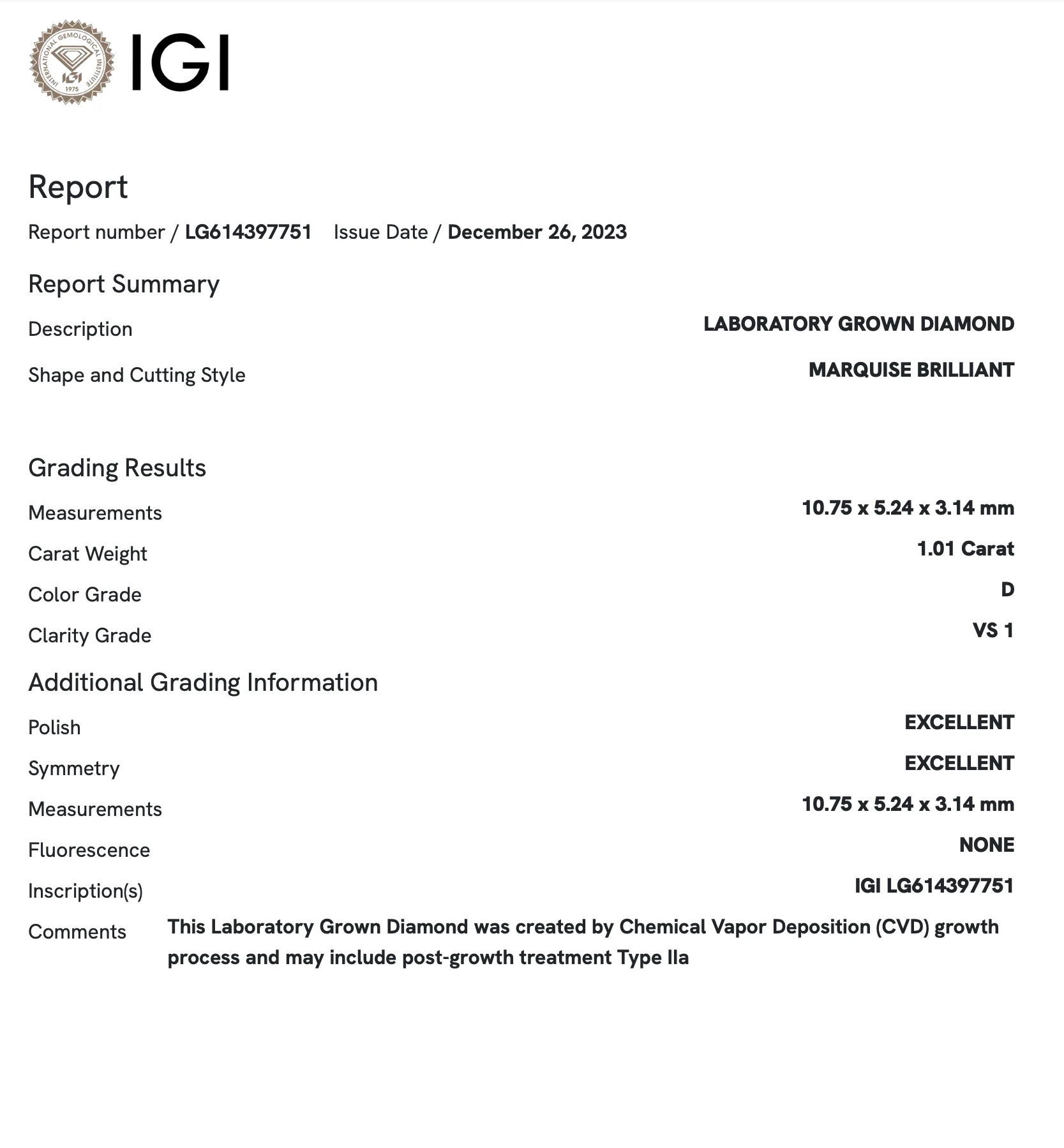 1.01 Carat Marquise Lab Grown Diamond (IGI) - Image 3