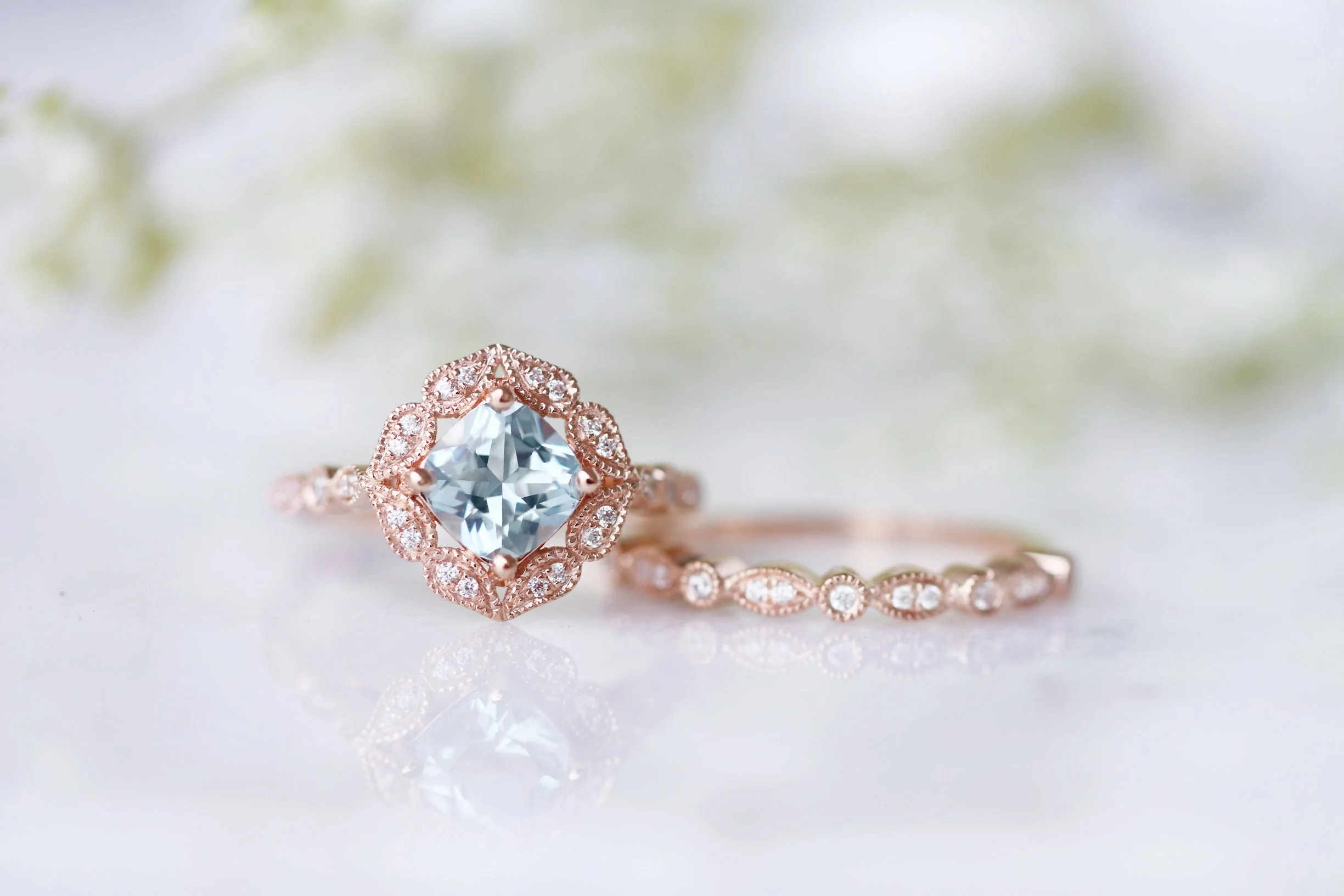 Art Deco Aquamarine Engagement Ring in Solid 14K Rose Gold - Image 3