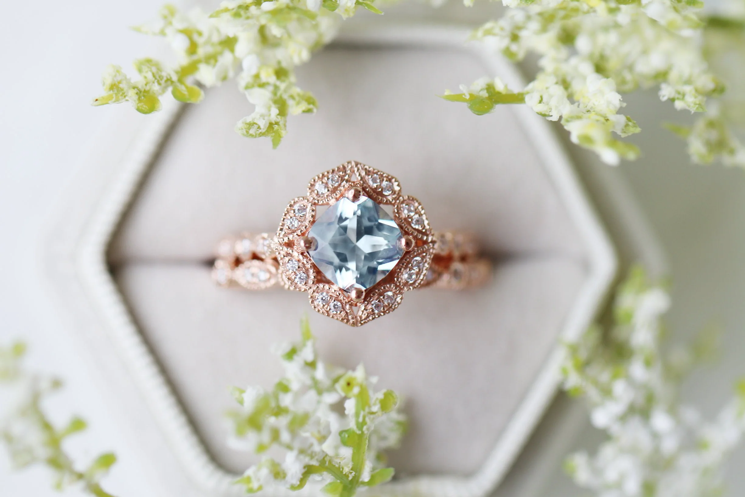 Art Deco Aquamarine Engagement Ring in Solid 14K Rose Gold - Image 4