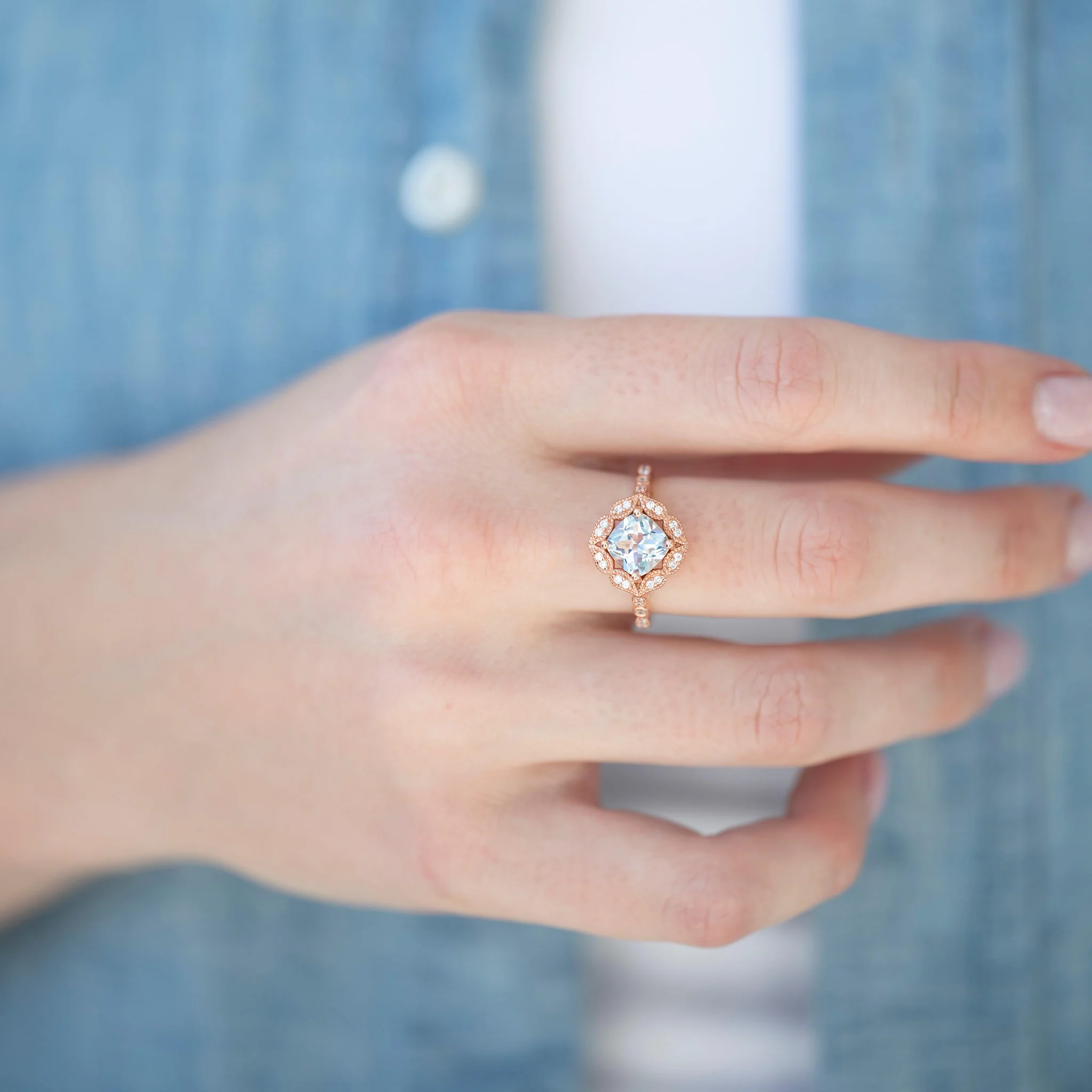 Art Deco Aquamarine Engagement Ring in Solid 14K Rose Gold - Image 6