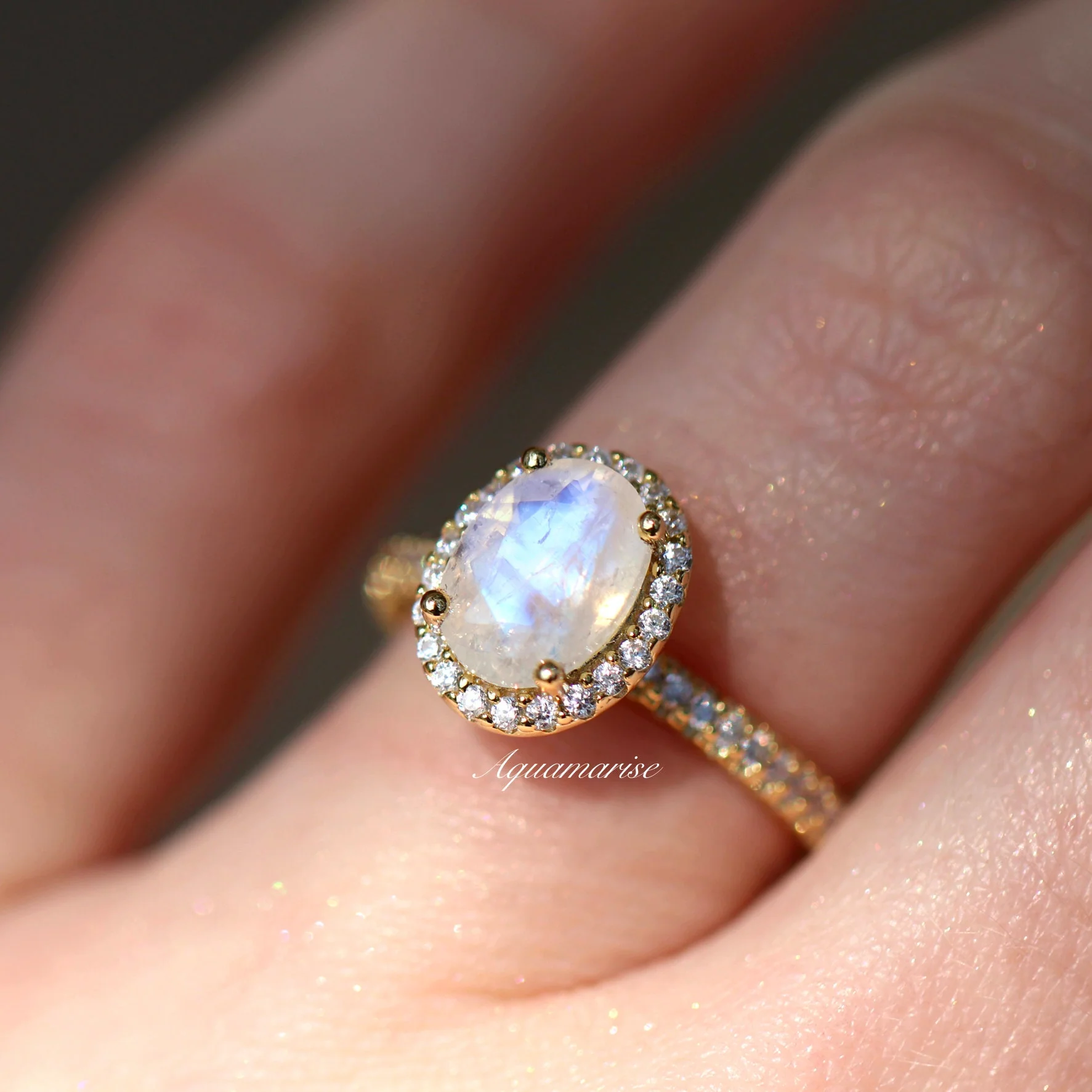Iris Oval Moonstone Engagement Ring in 14K Solid Yellow Gold - Image 3