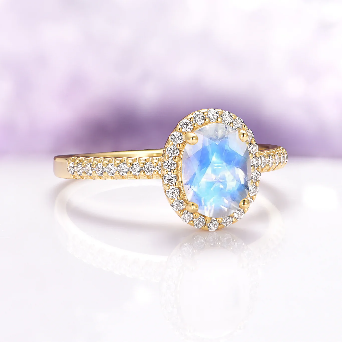 Iris Oval Moonstone Engagement Ring in 14K Solid Yellow Gold - Image 4