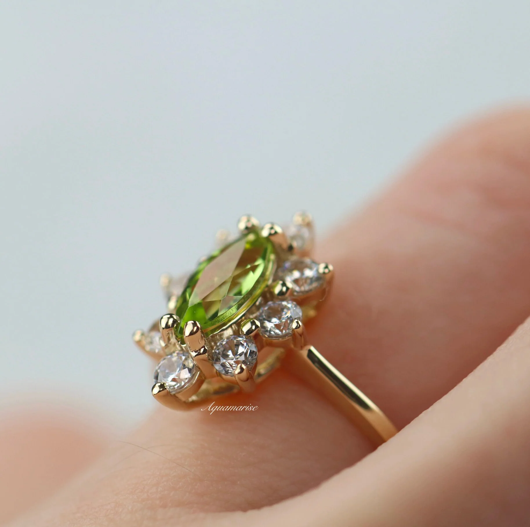 Marquise Natural Peridot Engagement Ring in 14K Solid Yellow Gold - Image 3