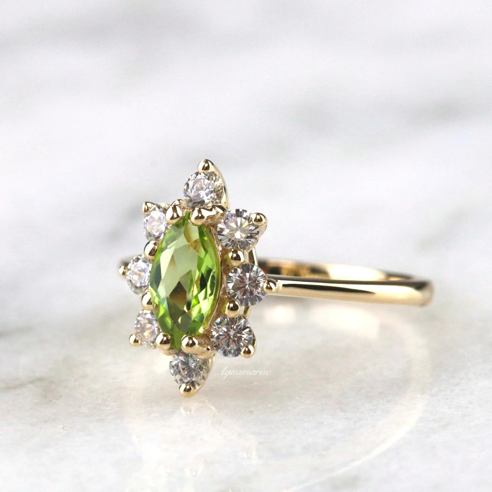 Marquise Natural Peridot Engagement Ring in 14K Solid Yellow Gold - Image 4