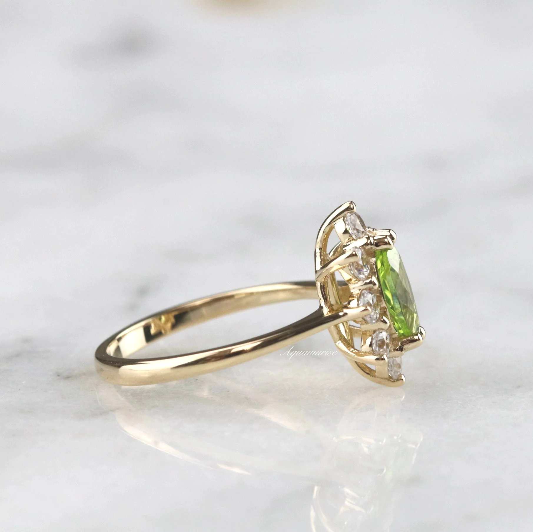 Marquise Natural Peridot Engagement Ring in 14K Solid Yellow Gold - Image 5