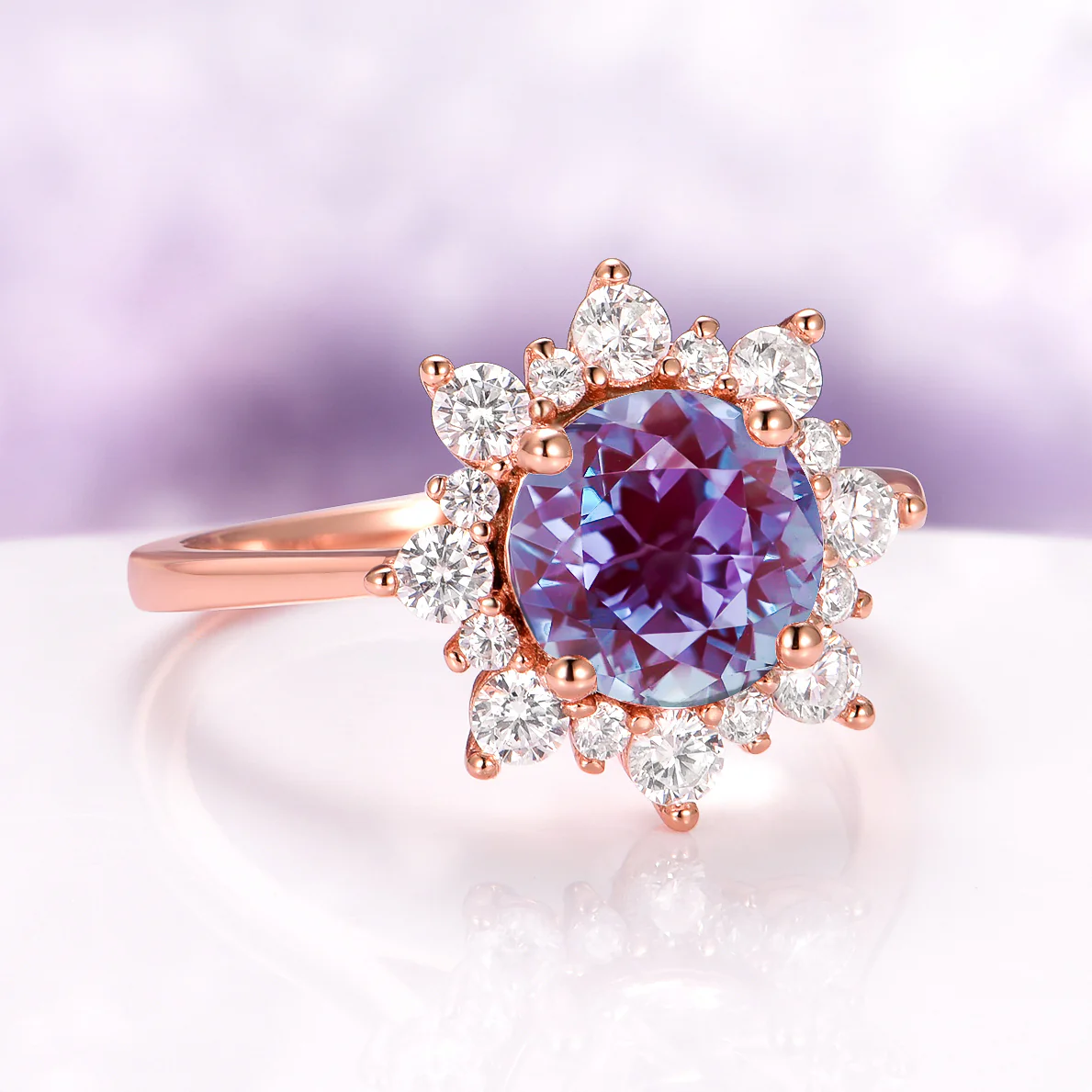 Snowflake Lab-Grown Round Cut Alexandrite Engagement Ring in 14K Solid Rose Gold - Image 3