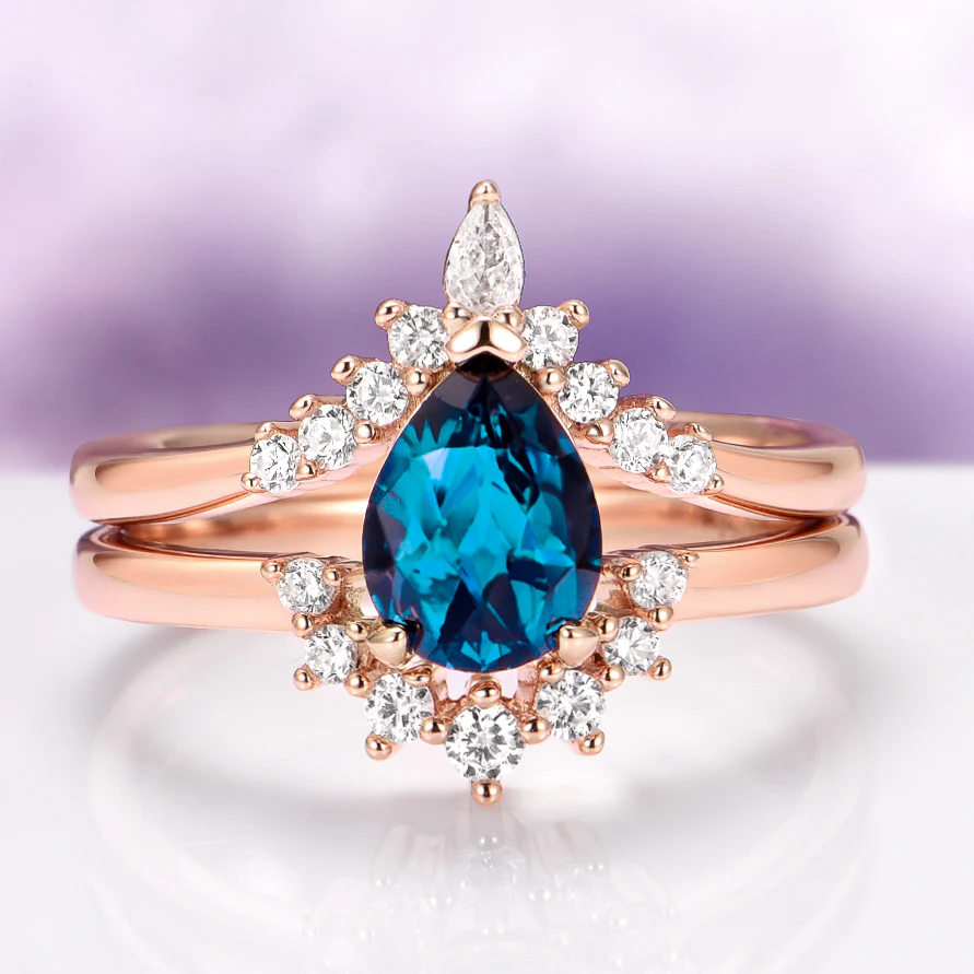 Lunette Natural London Blue Topaz Engagement Ring Set in 14K Solid Rose Gold