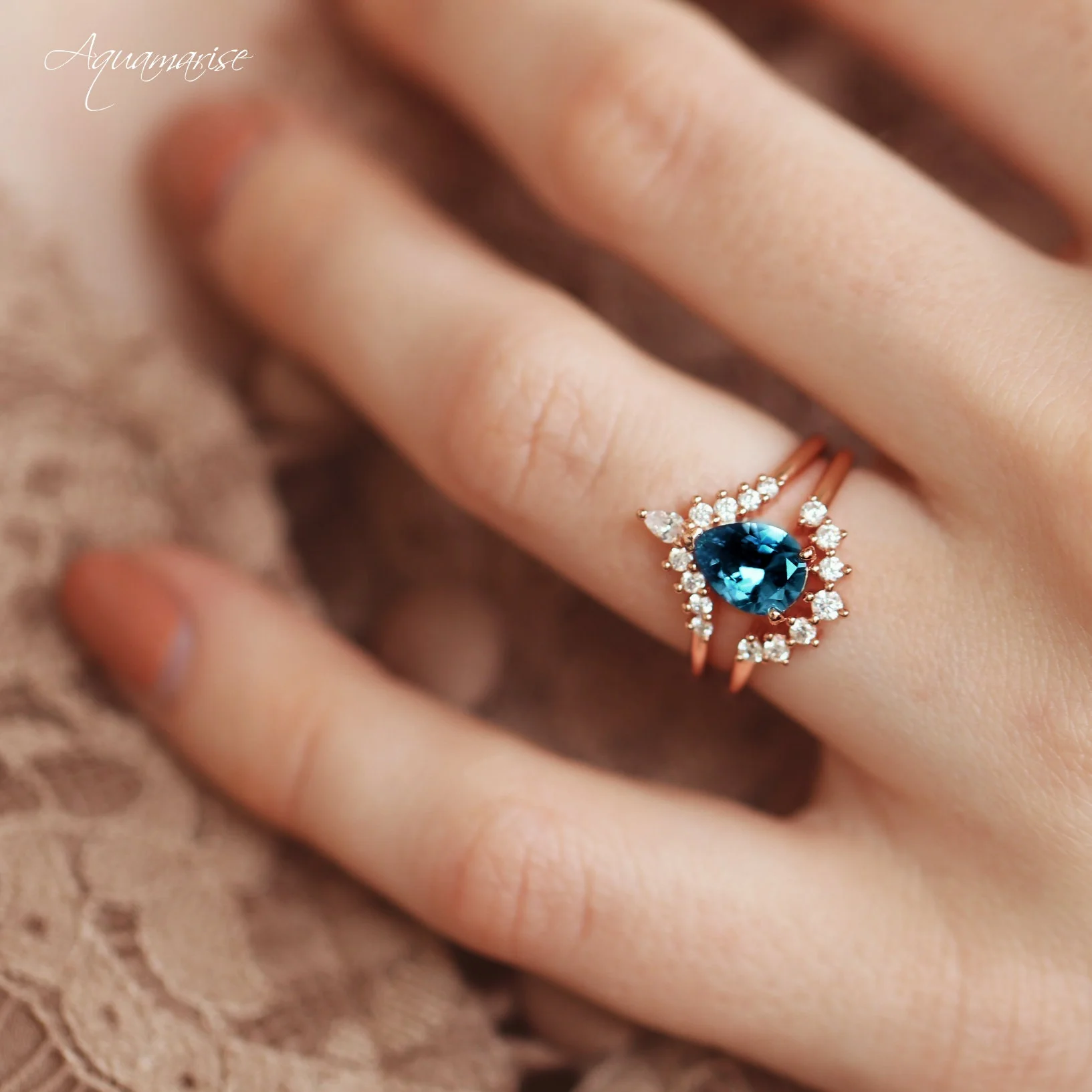 Lunette Natural London Blue Topaz Engagement Ring Set in 14K Solid Rose Gold - Image 2