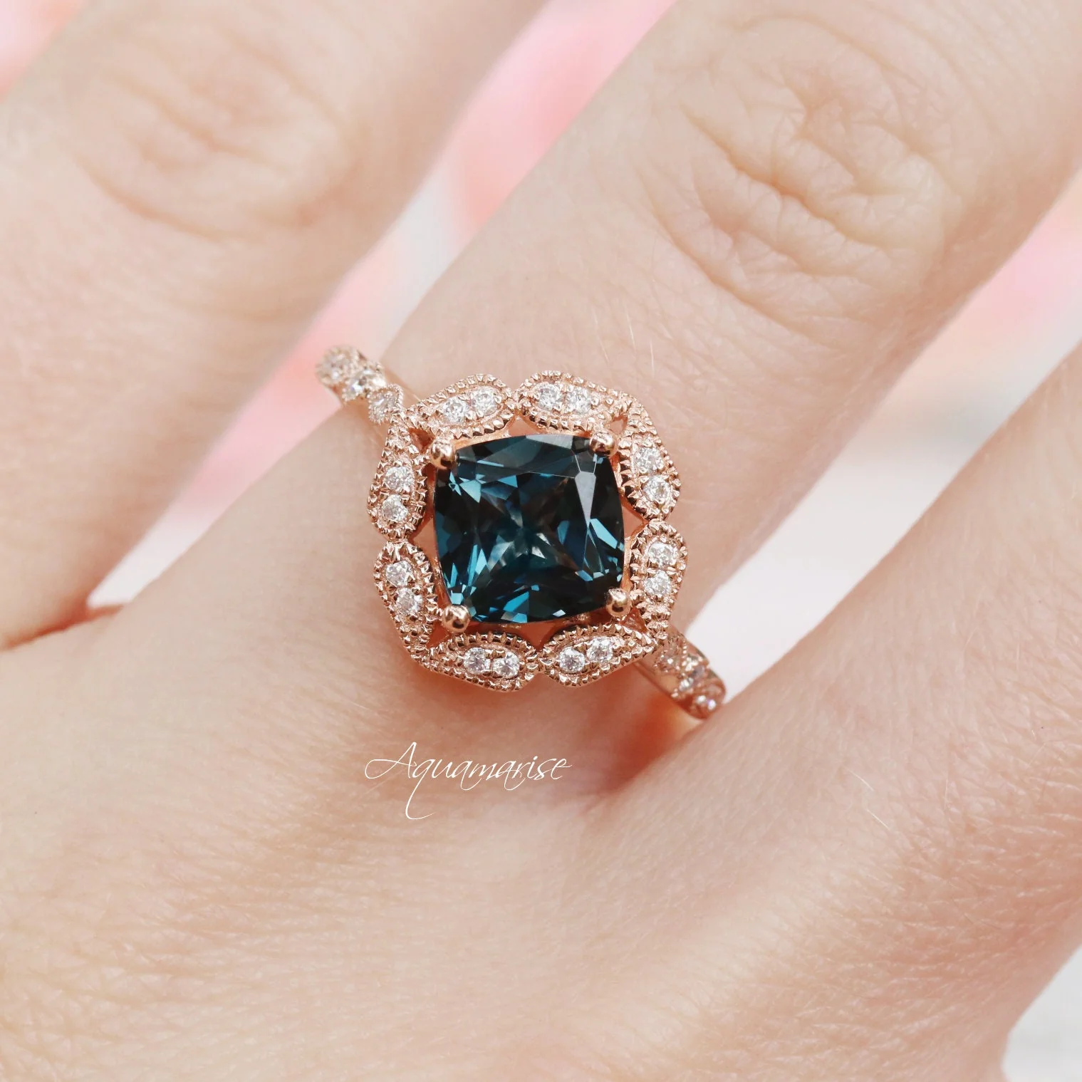 Cushion Cut Natural London Blue Topaz Engagement Ring in 14K Solid Rose Gold - Image 3