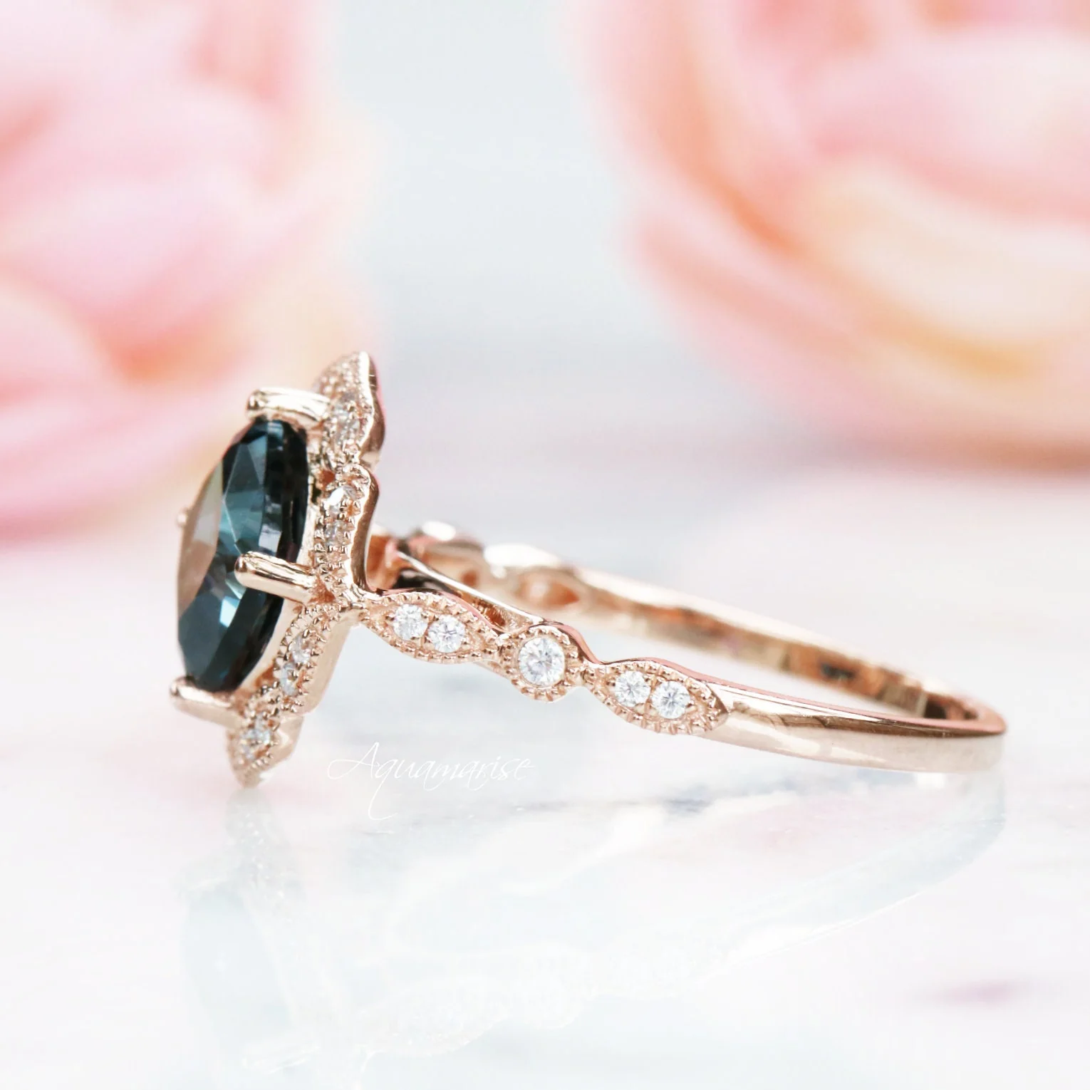 Cushion Cut Natural London Blue Topaz Engagement Ring in 14K Solid Rose Gold - Image 5