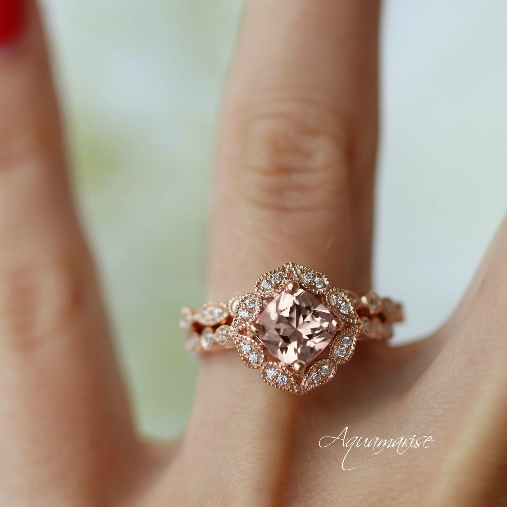 Art Deco Morganite Engagement Ring in Solid 14K Rose Gold - Image 4