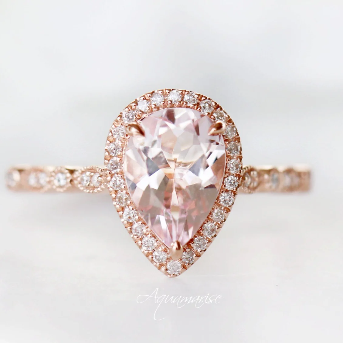 Teardrop Natural Morganite Engagement Ring in 14K Solid Rose Gold - Image 6