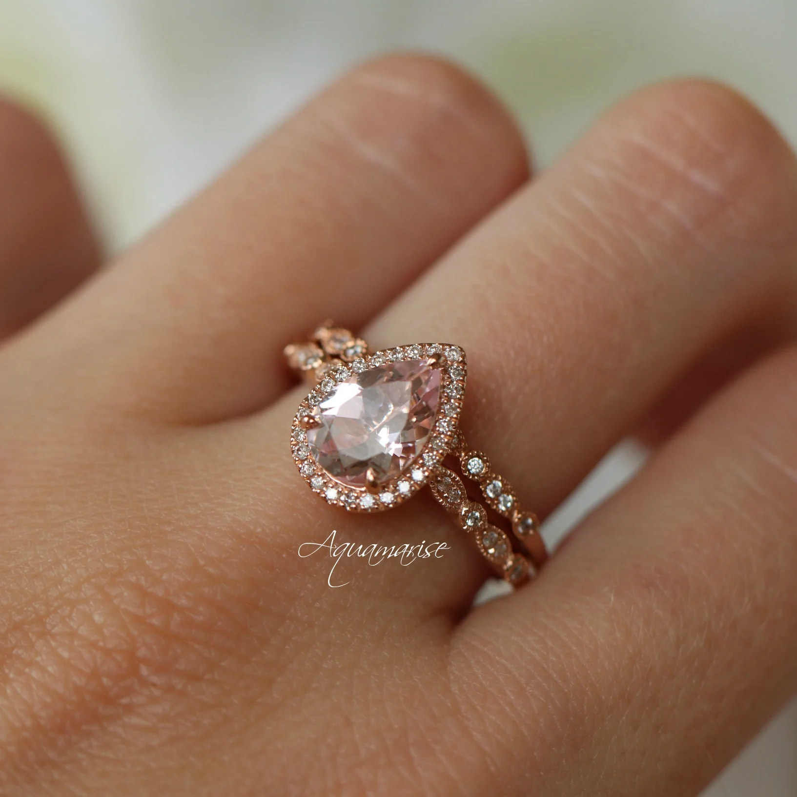 Teardrop Natural Morganite Engagement Ring in 14K Solid Rose Gold - Image 7