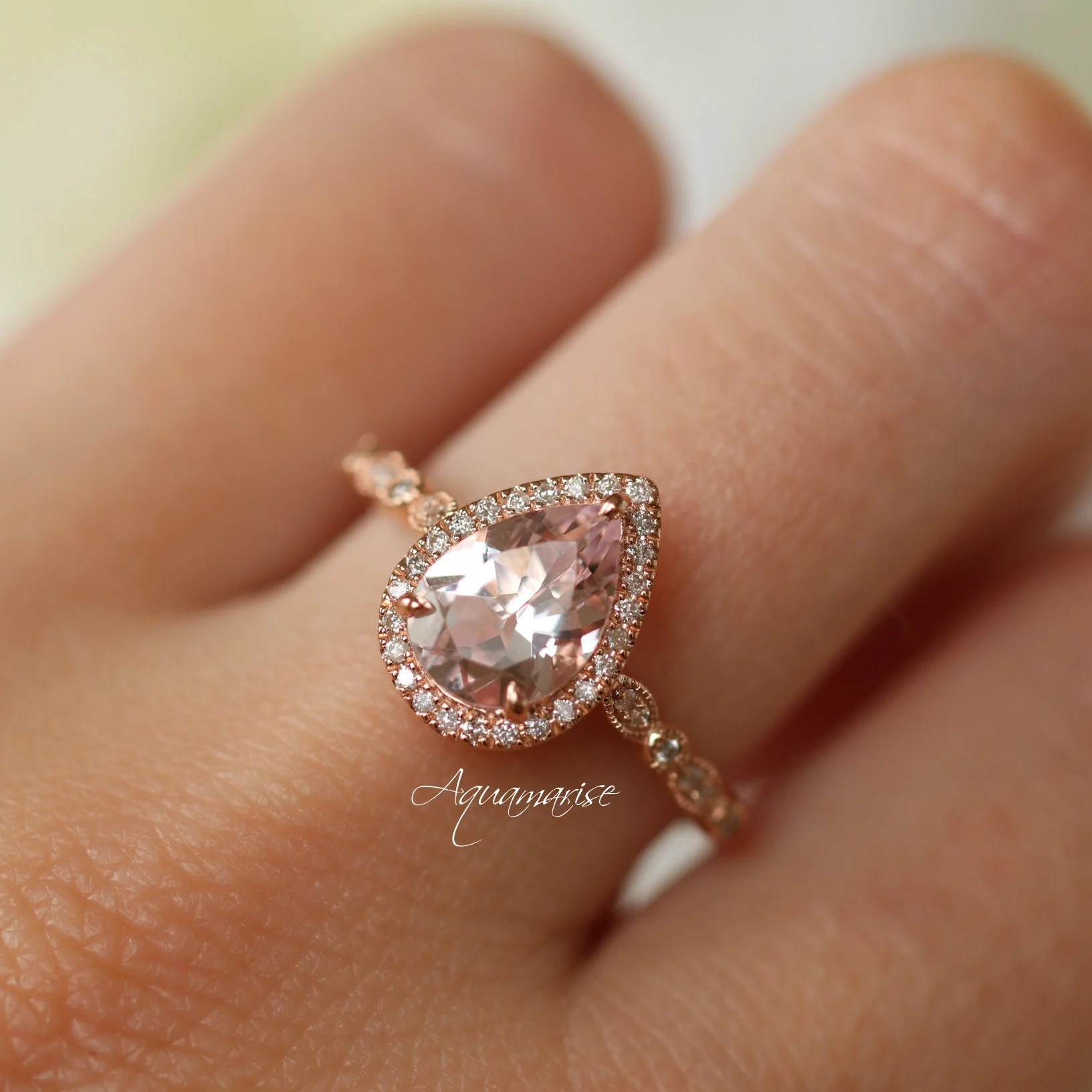 Teardrop Natural Morganite Engagement Ring in 14K Solid Rose Gold - Image 8
