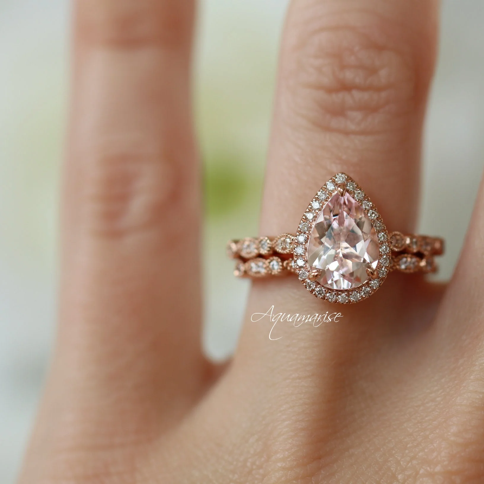 Teardrop Natural Morganite Engagement Ring in 14K Solid Rose Gold - Image 9