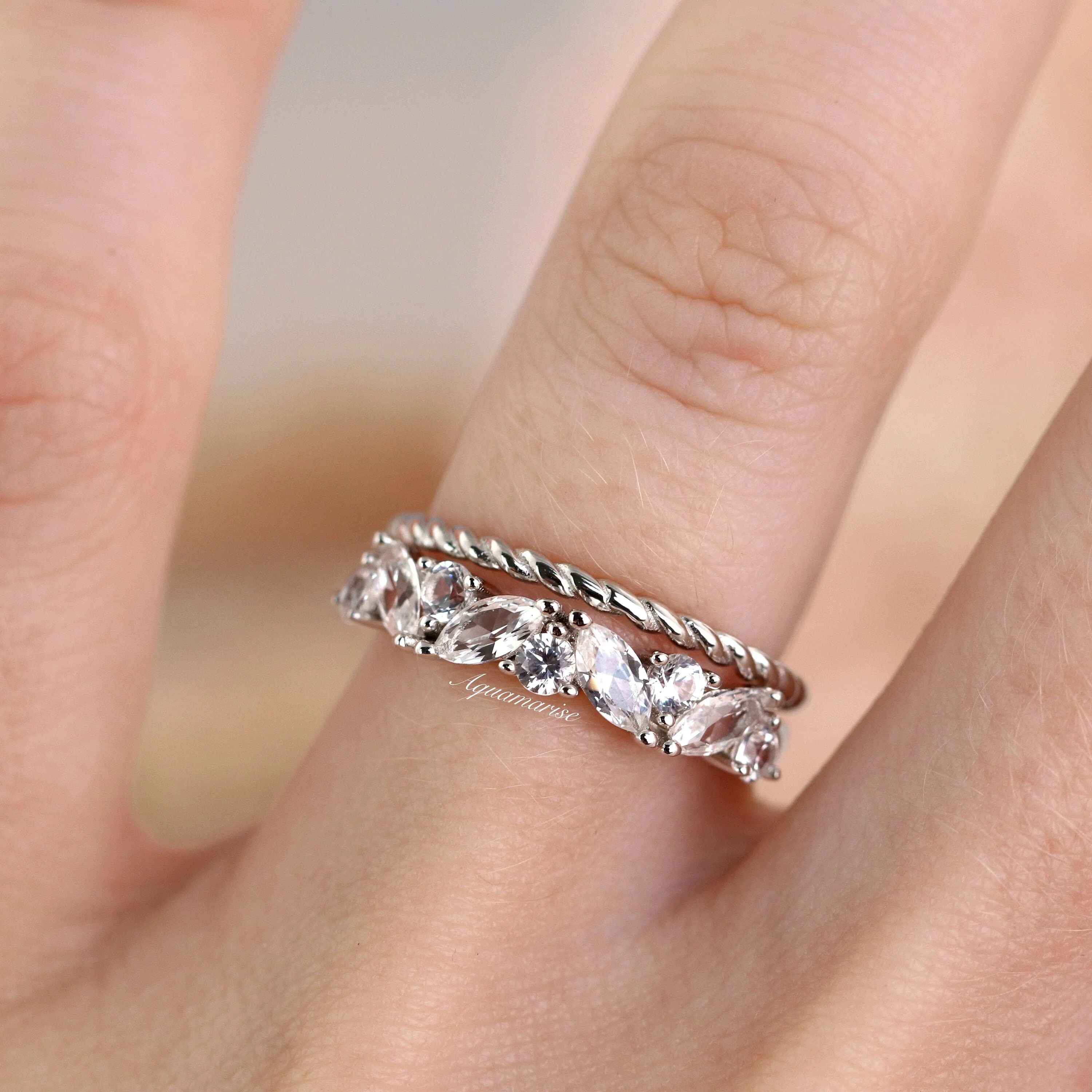 Willow Marquise Diamond Wedding Ring Set in 14K White Gold - Image 3