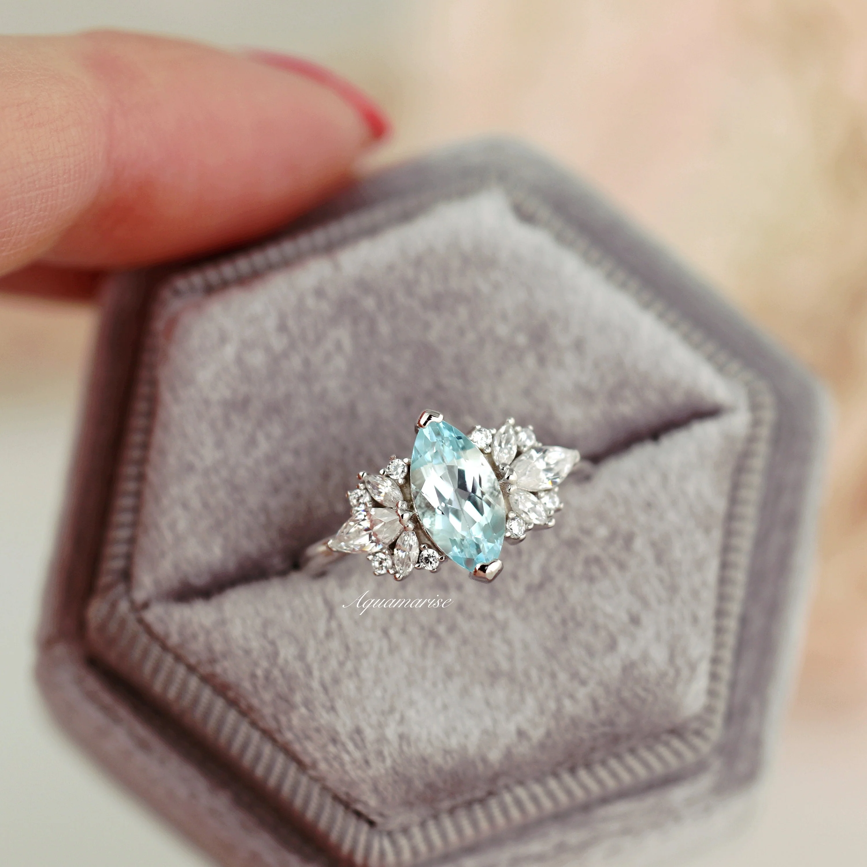Adeline Marquise Cut Flower Aquamarine Engagement Ring in 14K White Gold - Image 2