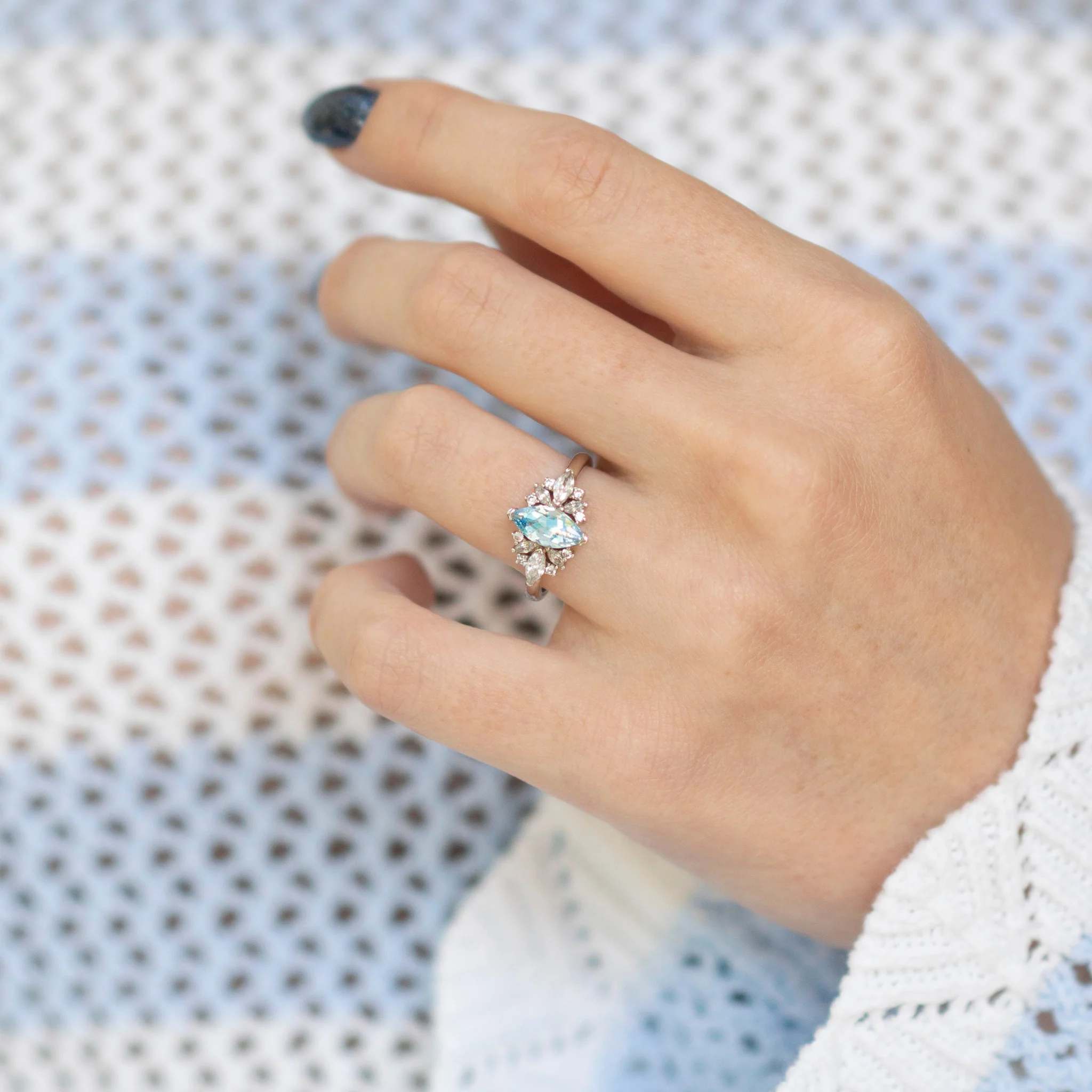 Adeline Marquise Cut Flower Aquamarine Engagement Ring in 14K White Gold - Image 3