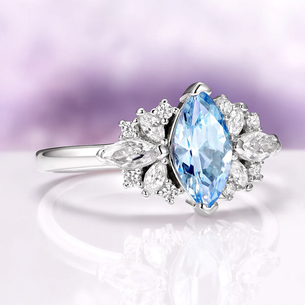 Adeline Marquise Cut Flower Aquamarine Engagement Ring in 14K White Gold - Image 5