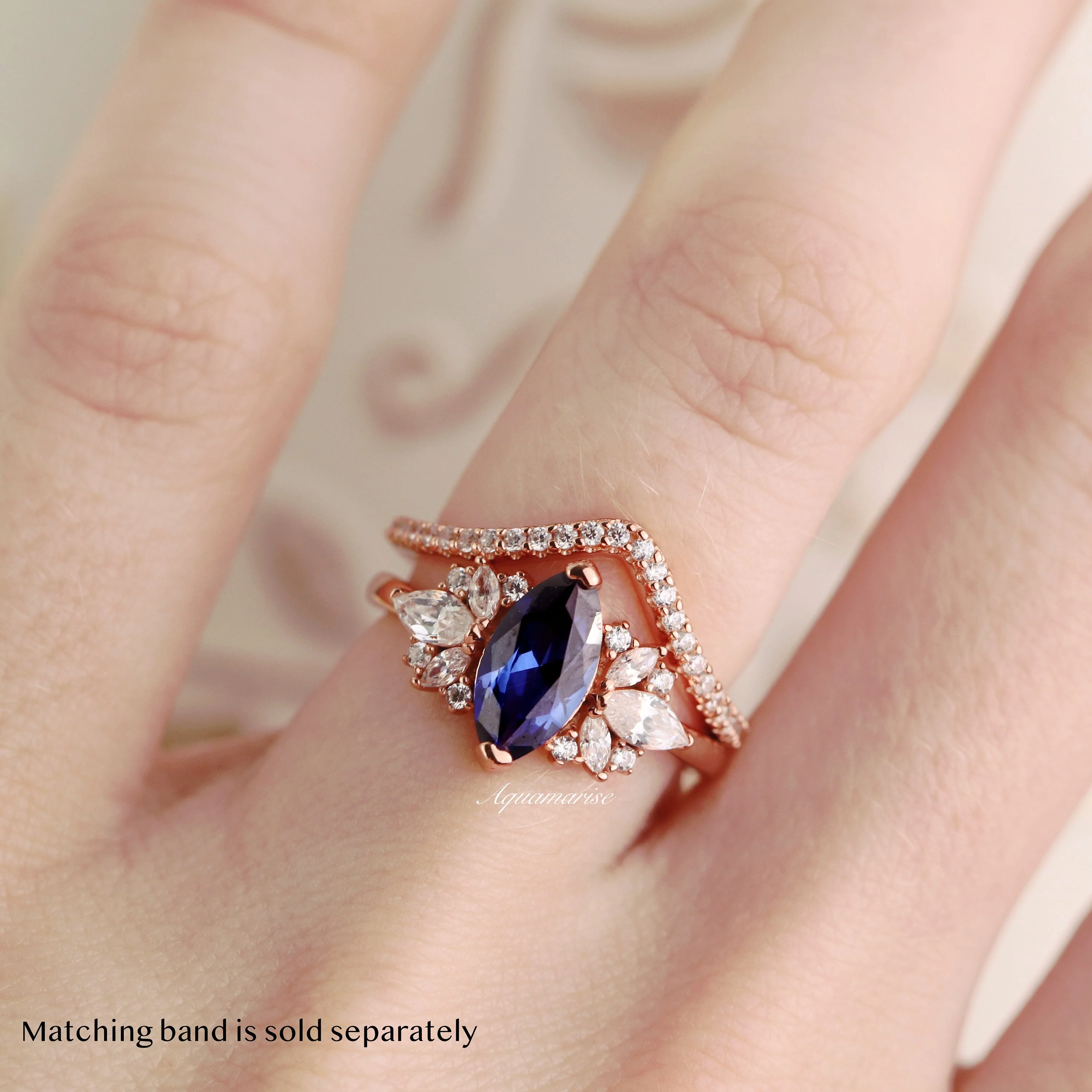 Adeline Marquise Cut Flower Blue Sapphire Engagement Ring in 14K Solid Rose Gold - Image 2