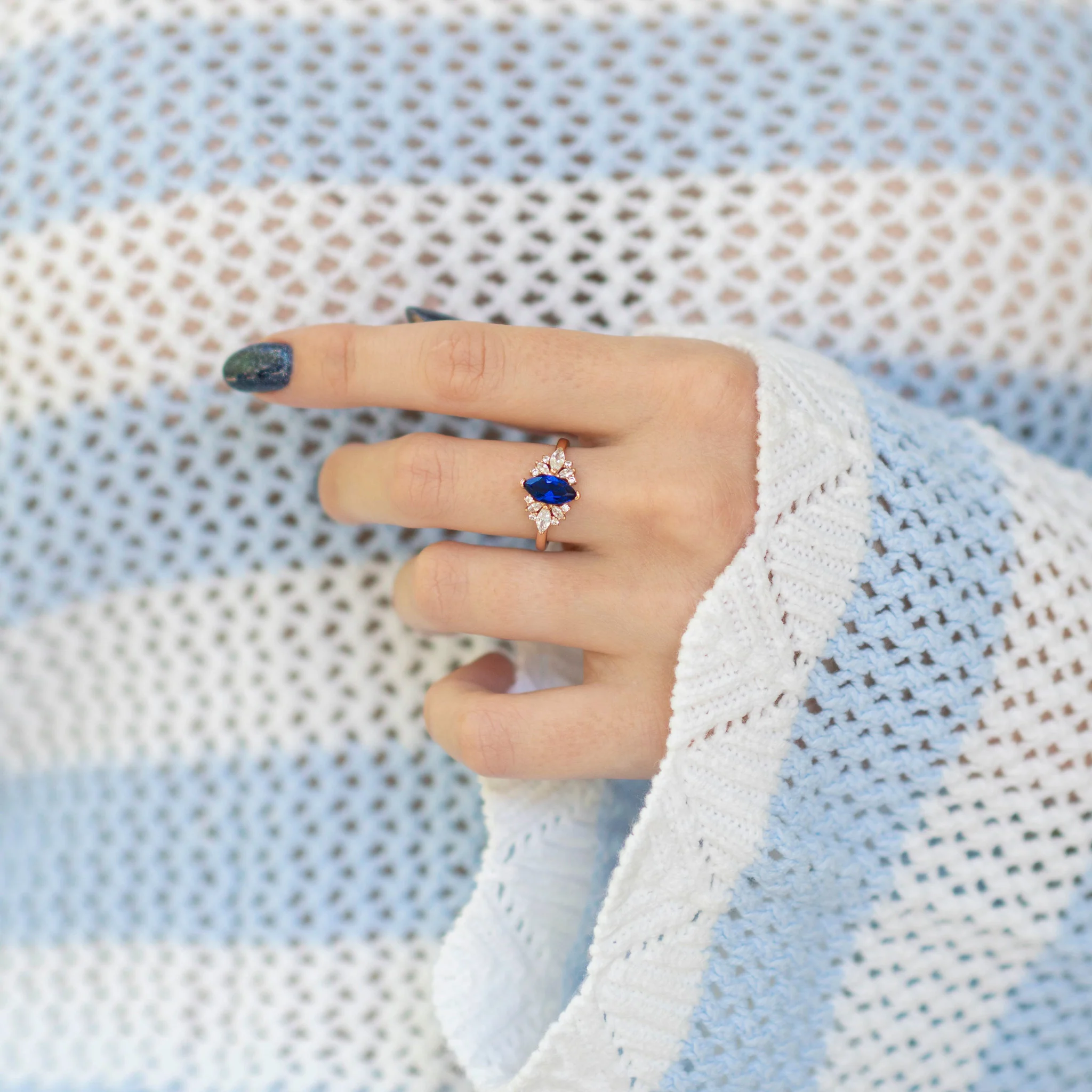 Adeline Marquise Cut Flower Blue Sapphire Engagement Ring in 14K Solid Rose Gold - Image 3