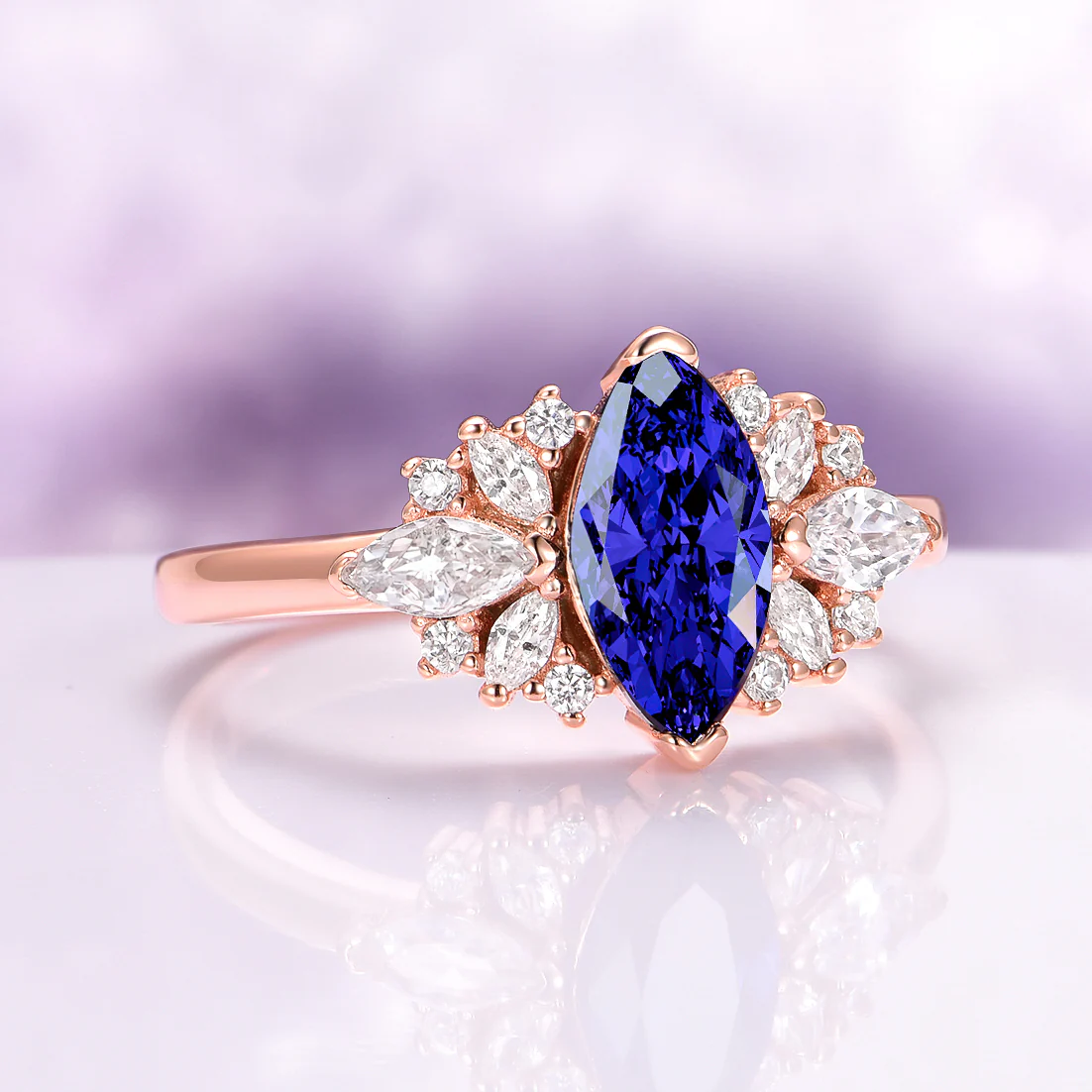 Adeline Marquise Cut Flower Blue Sapphire Engagement Ring in 14K Solid Rose Gold - Image 4