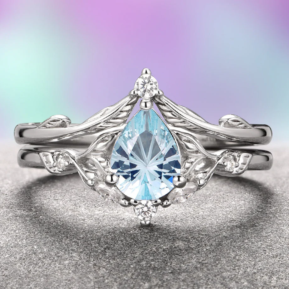 Fireworks Cut Aquamarine Engagement Ring Set in Sterling Silver (Fantasy Cut)