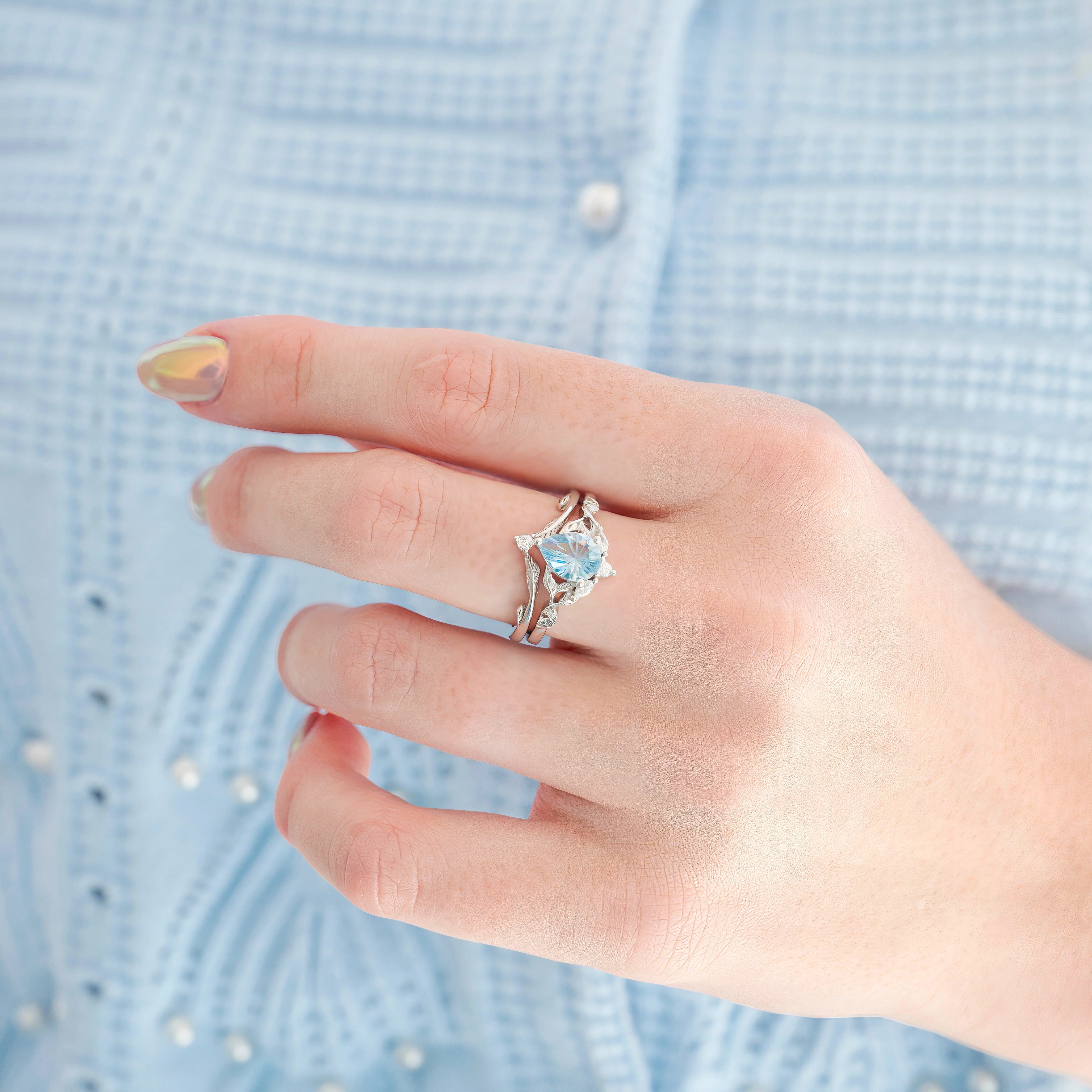 Fireworks Cut Aquamarine Engagement Ring Set in Sterling Silver (Fantasy Cut) - Image 2