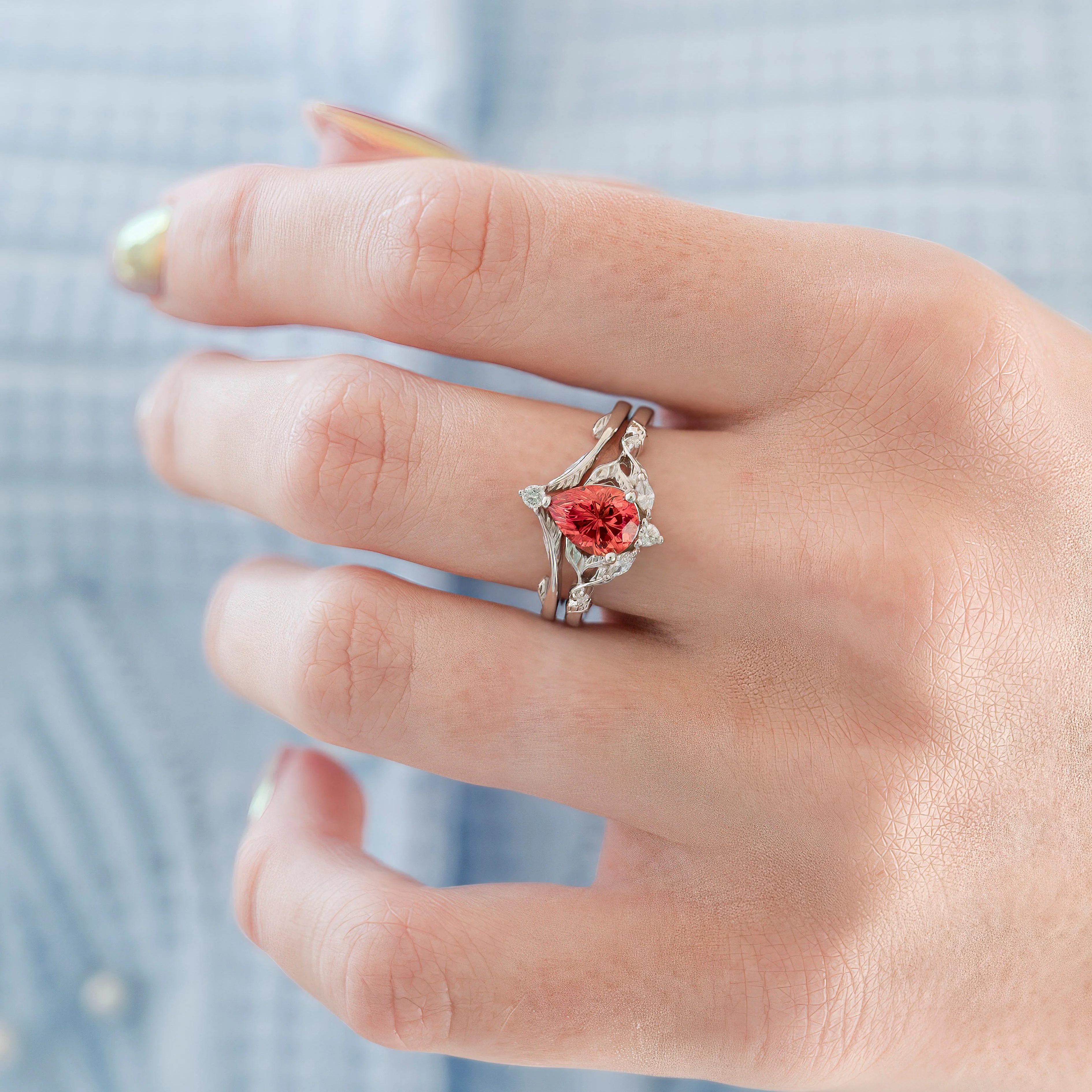 Fireworks Cut Padparadscha Sapphire Engagement Ring Set in Sterling Silver - Image 2