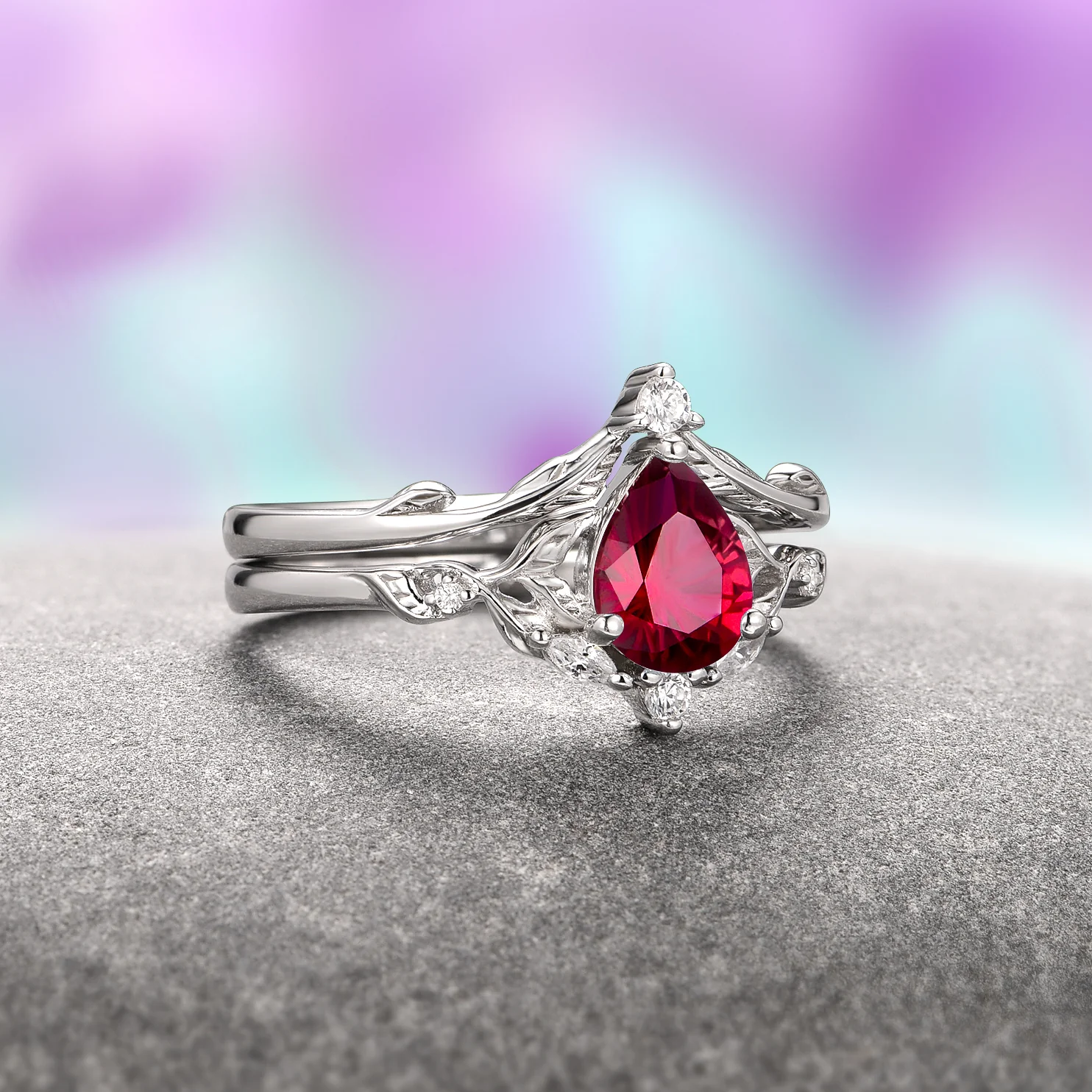 Fireworks Cut Lab-Grown Ruby Engagement Ring Set in Sterling Silver (Fantasy Cut) - Image 3
