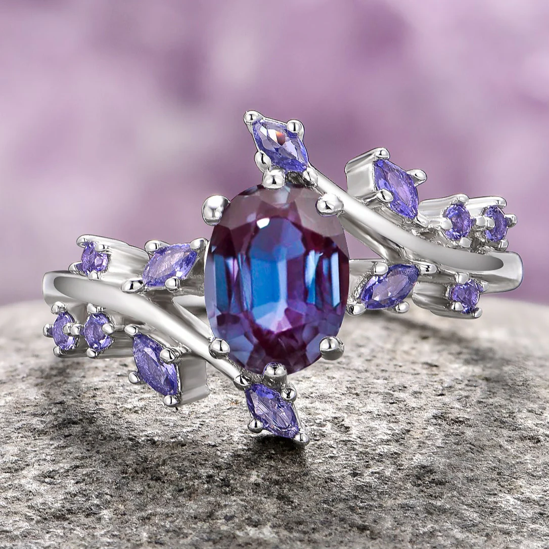 Alexandrite & Cornflower Sapphire Fairy Leaf Ring in Sterling Silver