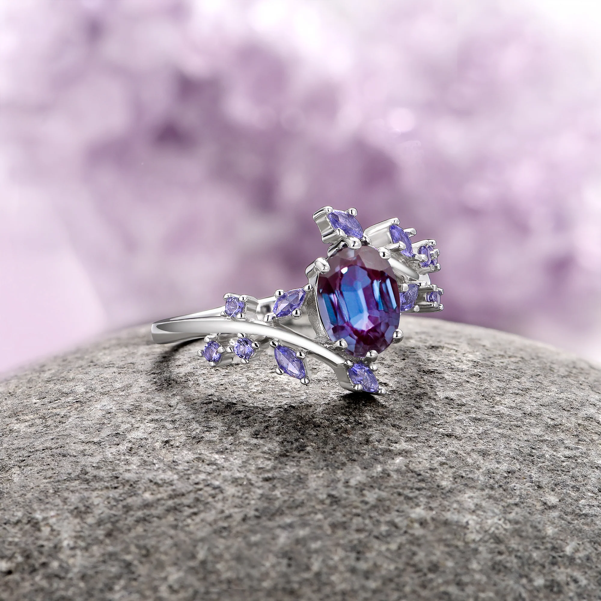 Alexandrite & Cornflower Sapphire Fairy Leaf Ring in Sterling Silver - Image 5