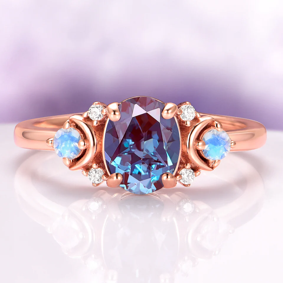 Alexandrite Crescent Moon Engagement Ring in 14K Solid Rose Gold