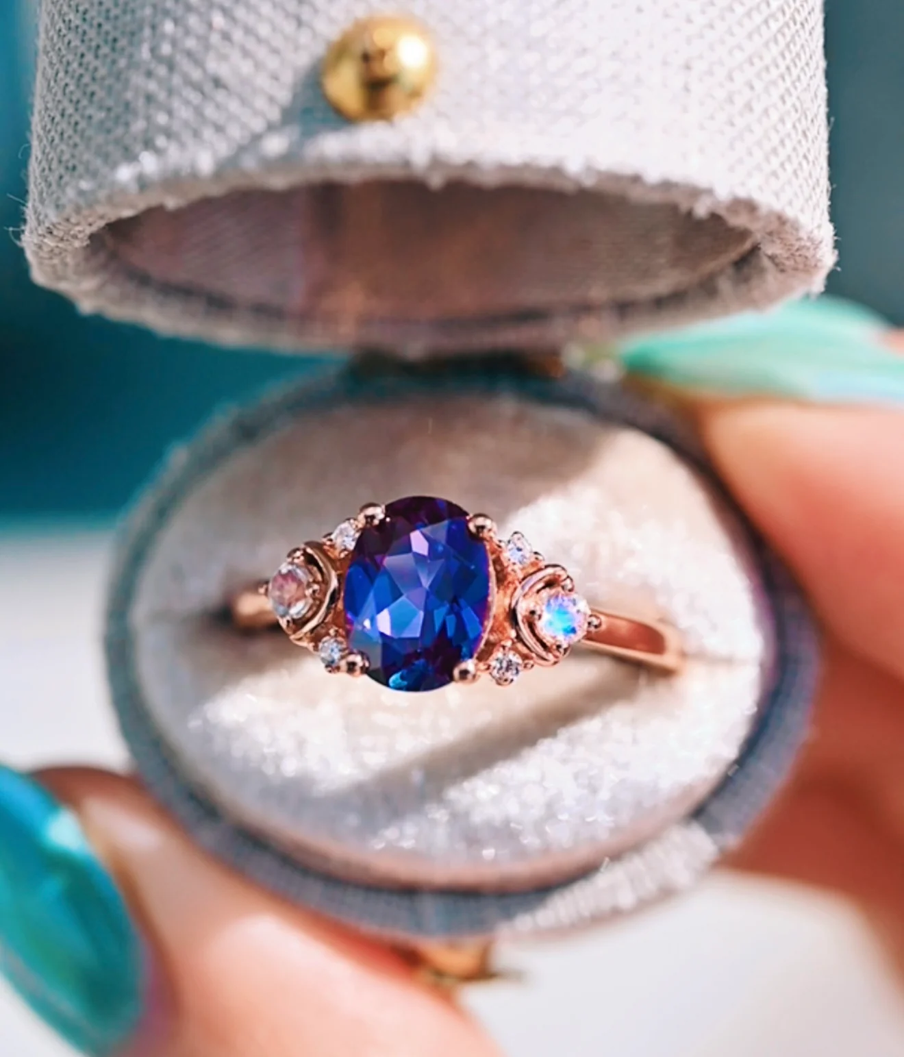 Alexandrite Crescent Moon Engagement Ring in 14K Solid Rose Gold - Image 2