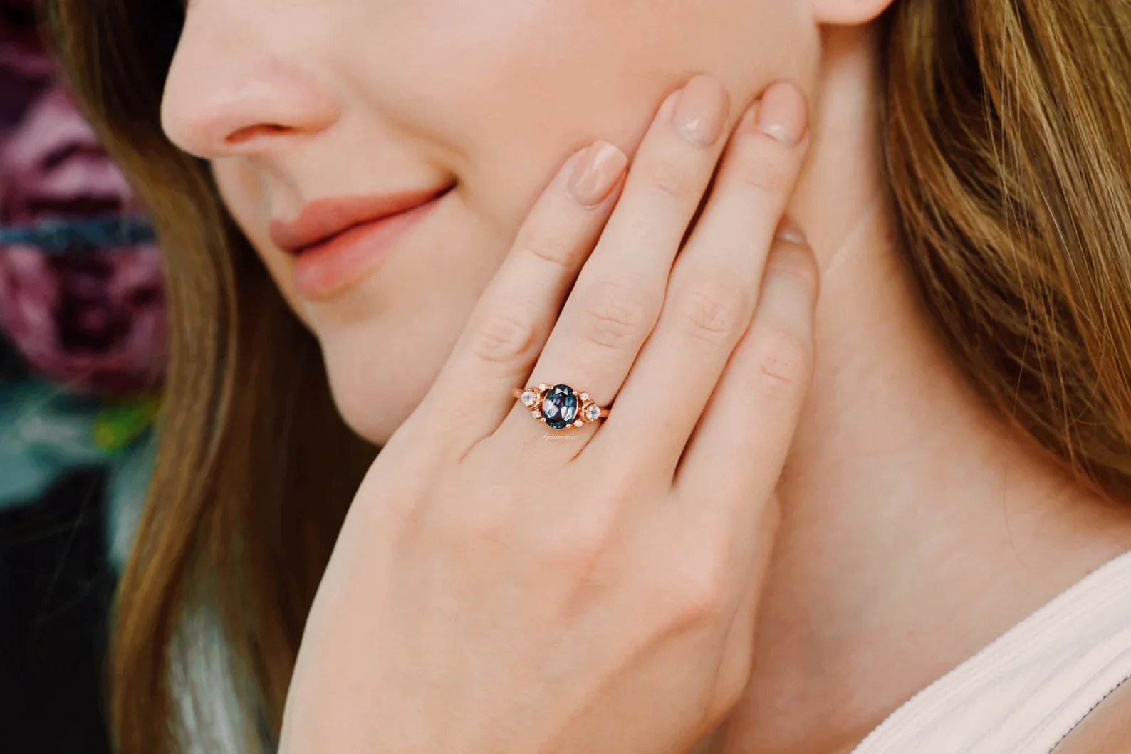 Alexandrite Crescent Moon Engagement Ring in 14K Solid Rose Gold - Image 3