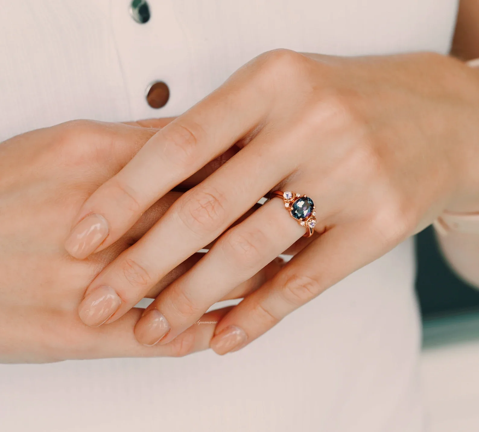 Alexandrite Crescent Moon Engagement Ring in 14K Solid Rose Gold - Image 4