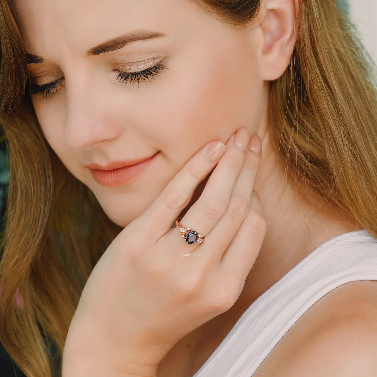 Alexandrite Crescent Moon Engagement Ring in 14K Solid Rose Gold - Image 5
