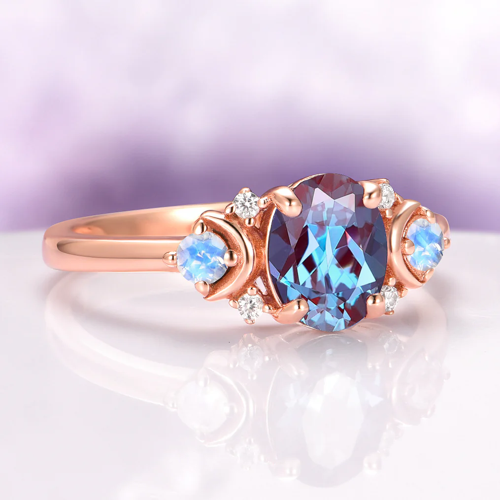 Alexandrite Crescent Moon Engagement Ring in 14K Solid Rose Gold - Image 6
