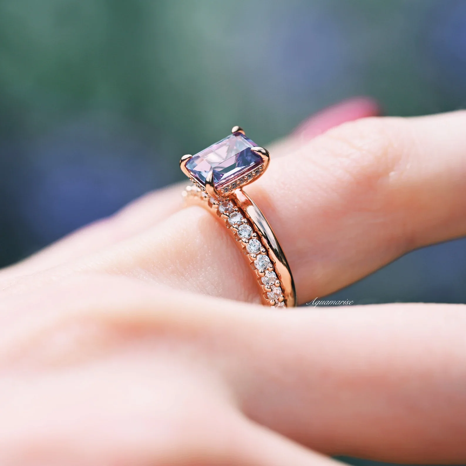 Alexandrite Engagement Ring Set- 14K Rose Gold Vermeil - Image 3