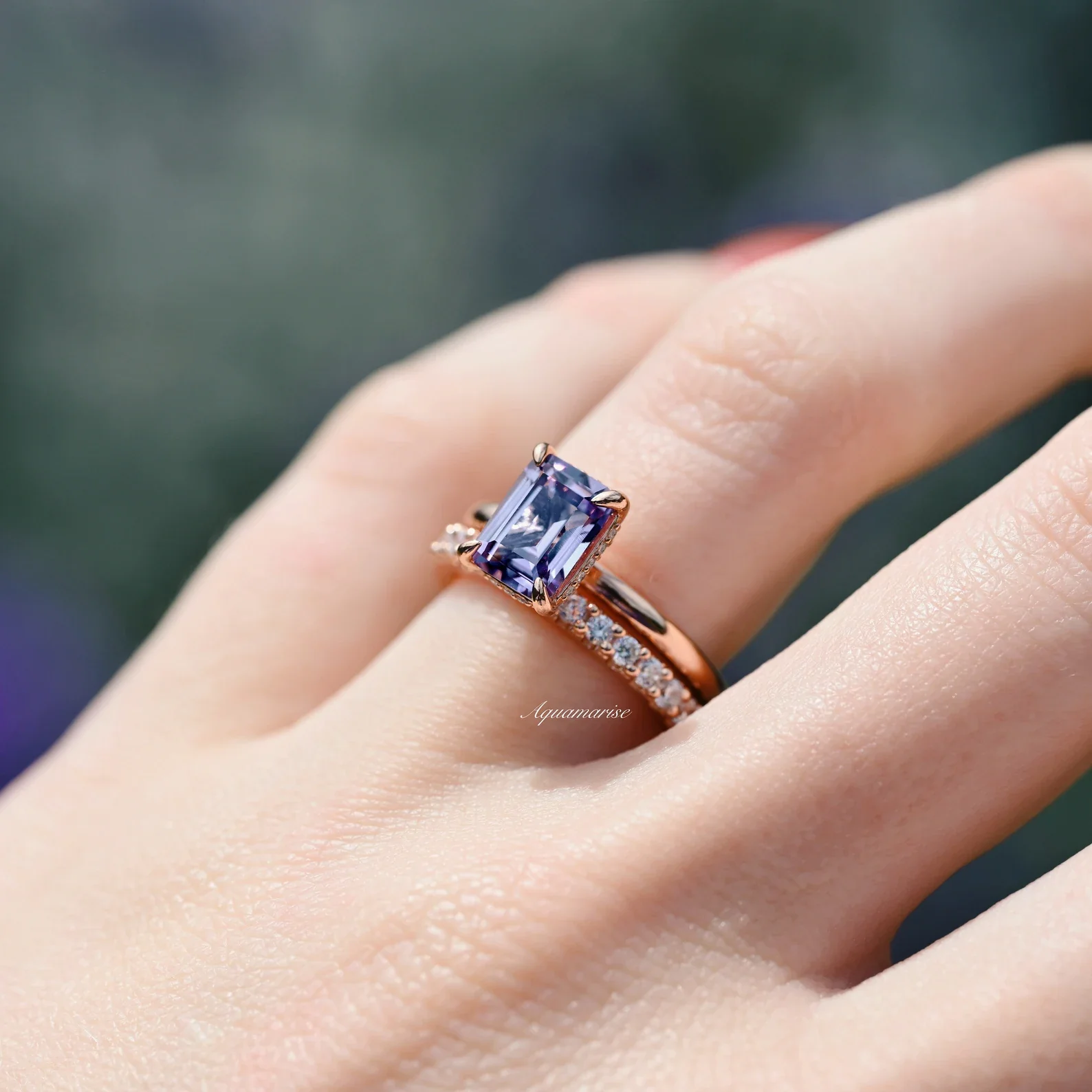 Alexandrite Engagement Ring Set- 14K Rose Gold Vermeil - Image 4