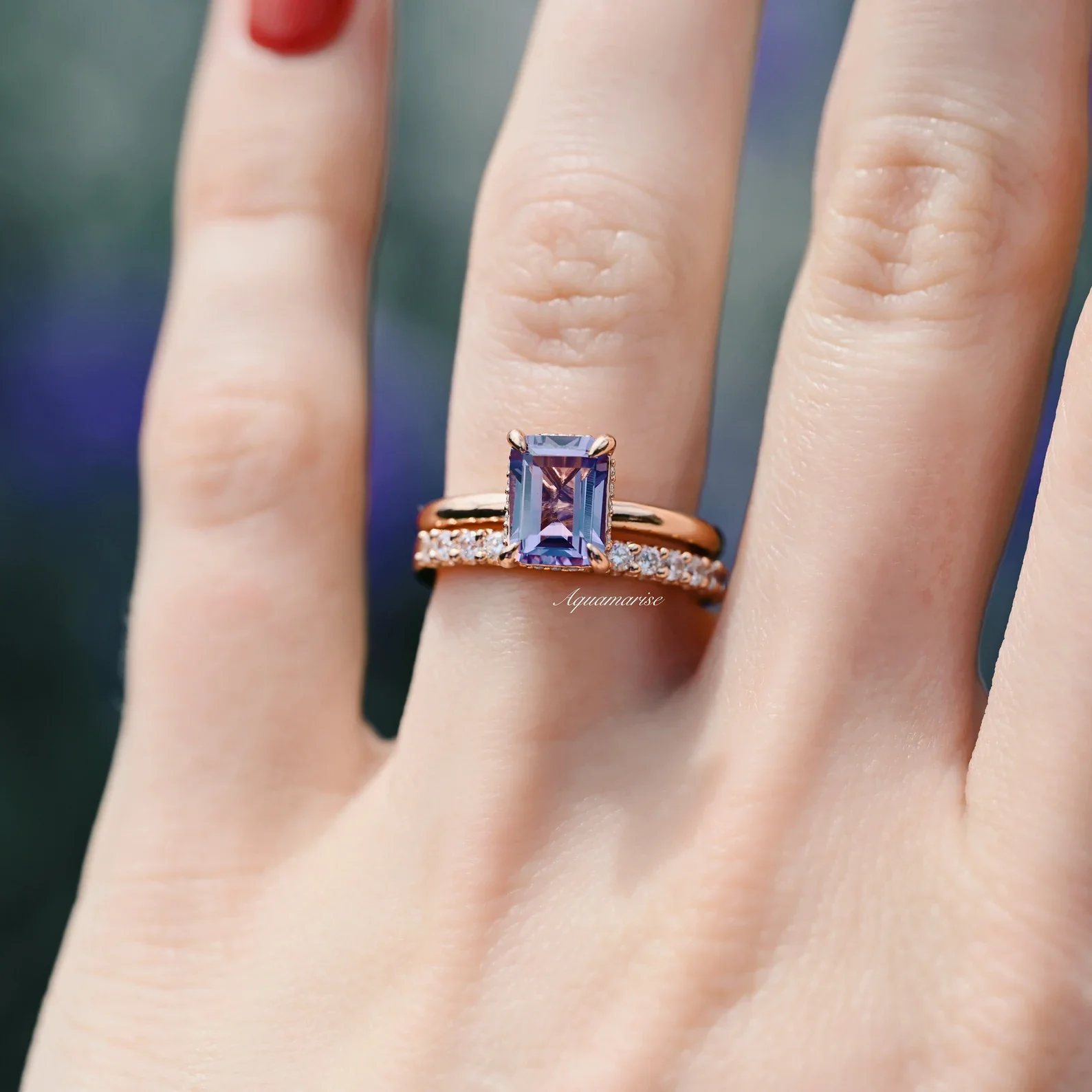 Alexandrite Engagement Ring Set- 14K Rose Gold Vermeil - Image 6