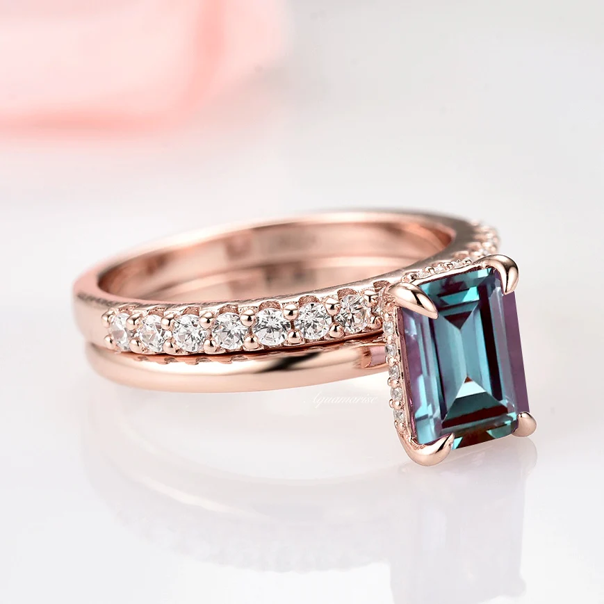 Alexandrite Engagement Ring Set- 14K Rose Gold Vermeil - Image 9