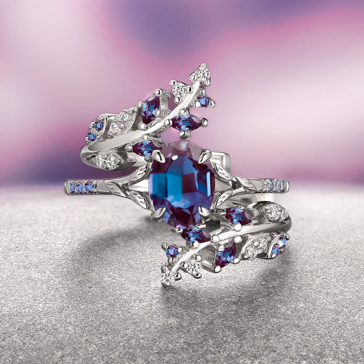 Alexandrite Leaf Engagement Ring Set- 14K White Gold (Two Piece)