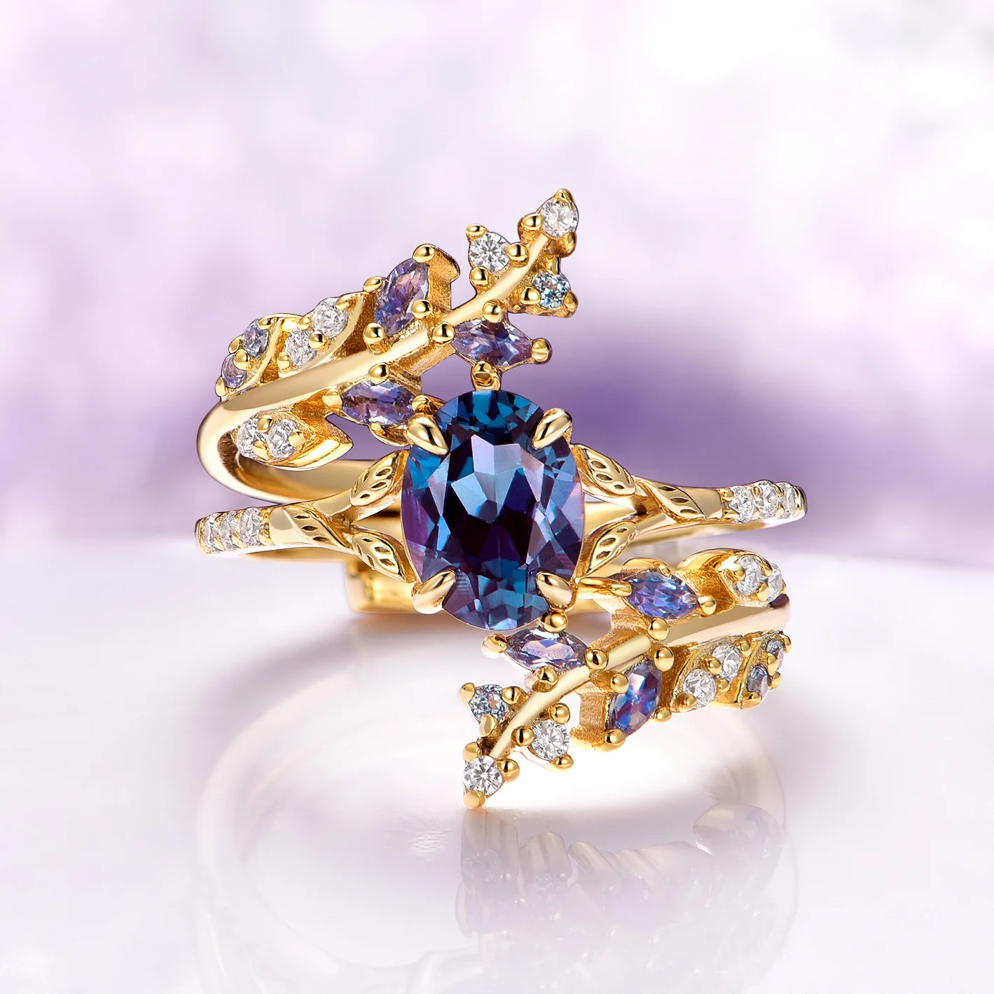 Alexandrite Leaf Engagement Ring Set in 14K Solid Yellow Gold
