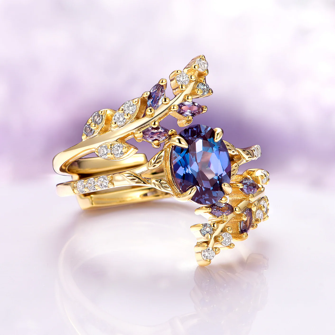 Alexandrite Leaf Engagement Ring Set in 14K Solid Yellow Gold - Image 2