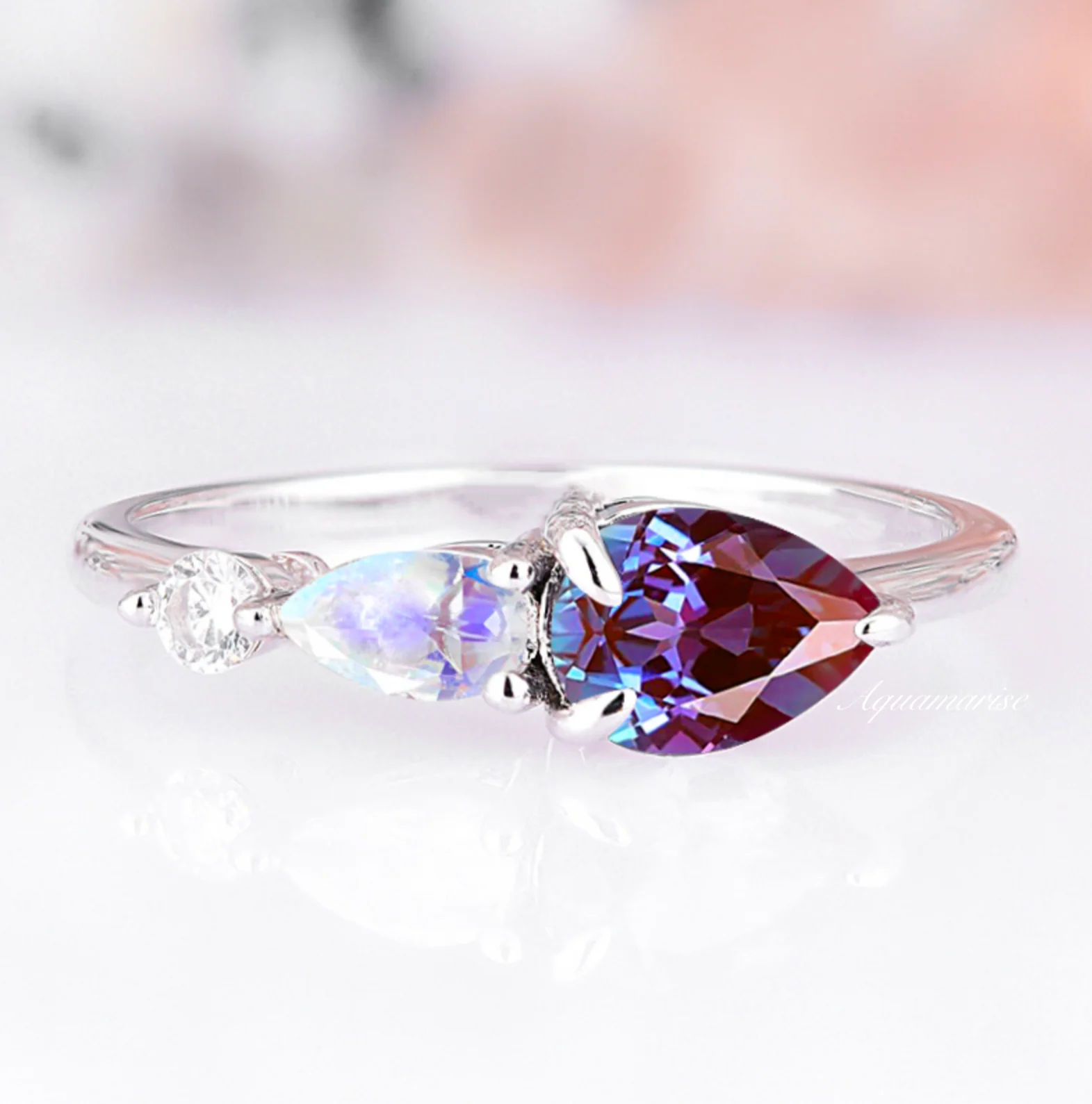 Alexandrite & Moonstone Dainty Engagement Ring in 14K White Gold - Image 2