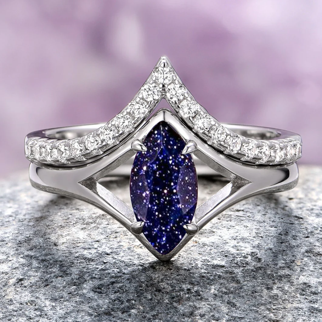 Starry Night Engagement Ring Set in Sterling Silver